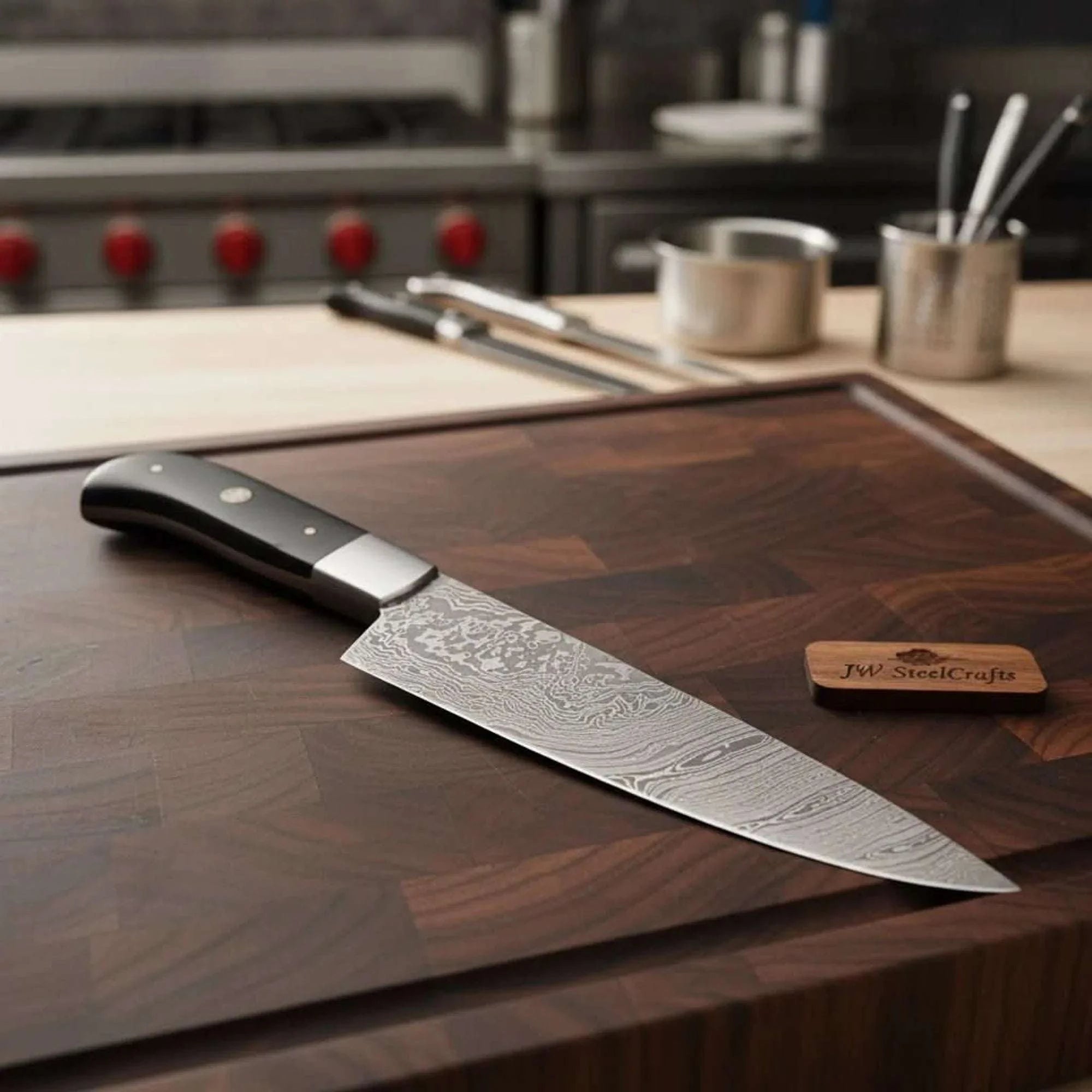 Palmarius Outdoors Handcrafted Damascus Steel Chef Knife, Black Resin Handle, Japanese Kitchen Blade by JW SteelCrafts Damascus Steel Chef Knives