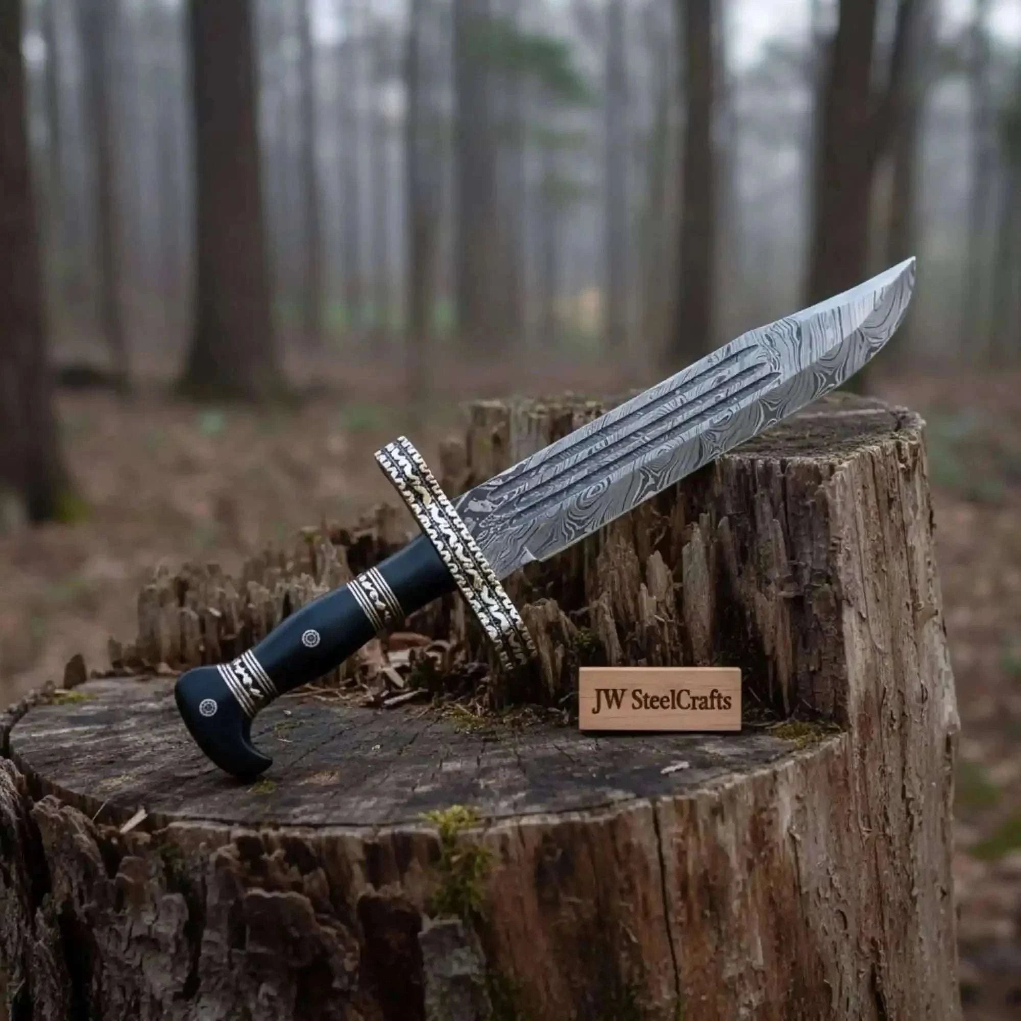 Palmarius Outdoors Handmade Coffin Handle Bowie Knife Hand-Engraved Damascus Steel Coffin Handle Bowie Knives