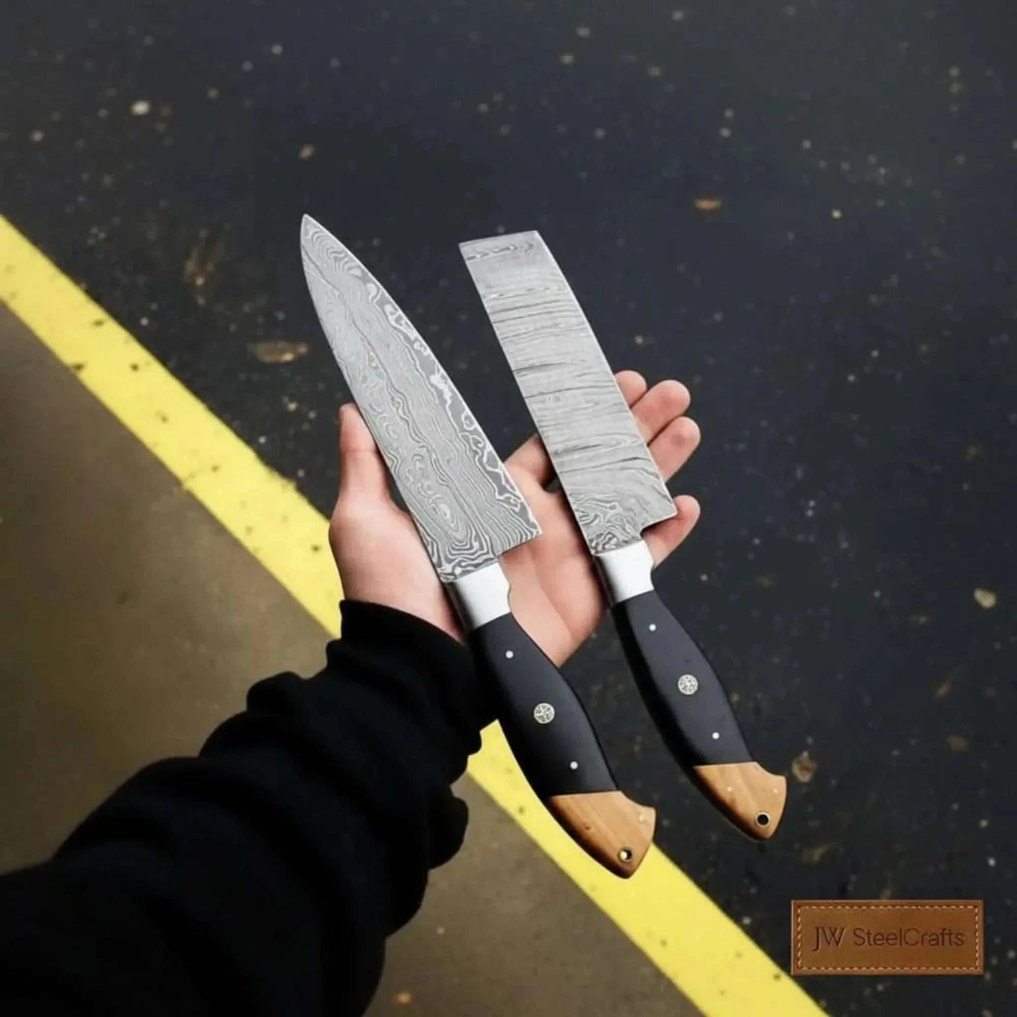 Palmarius Outdoors Twisted Damascus 12” Cleaver & 13” Chef Knife – Black Micarta and Olive Wood Damascus Steel Chef Knives