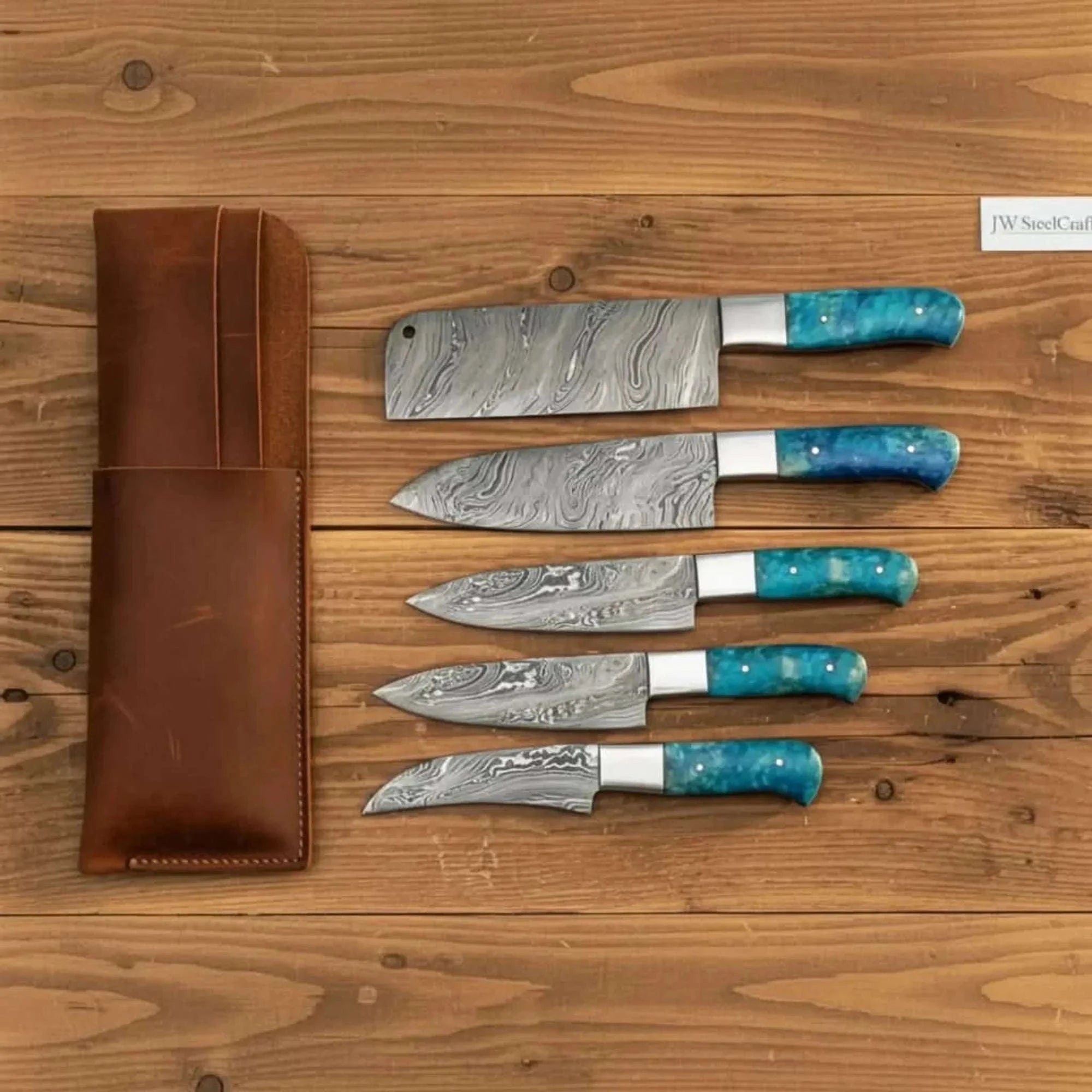 Palmarius Outdoors 5-Piece Damascus Kitchen Prep Knife Set with Blue Resin Handles, Steel Bolsters & Leather Storage Kit Handmade Chef Knife Sets