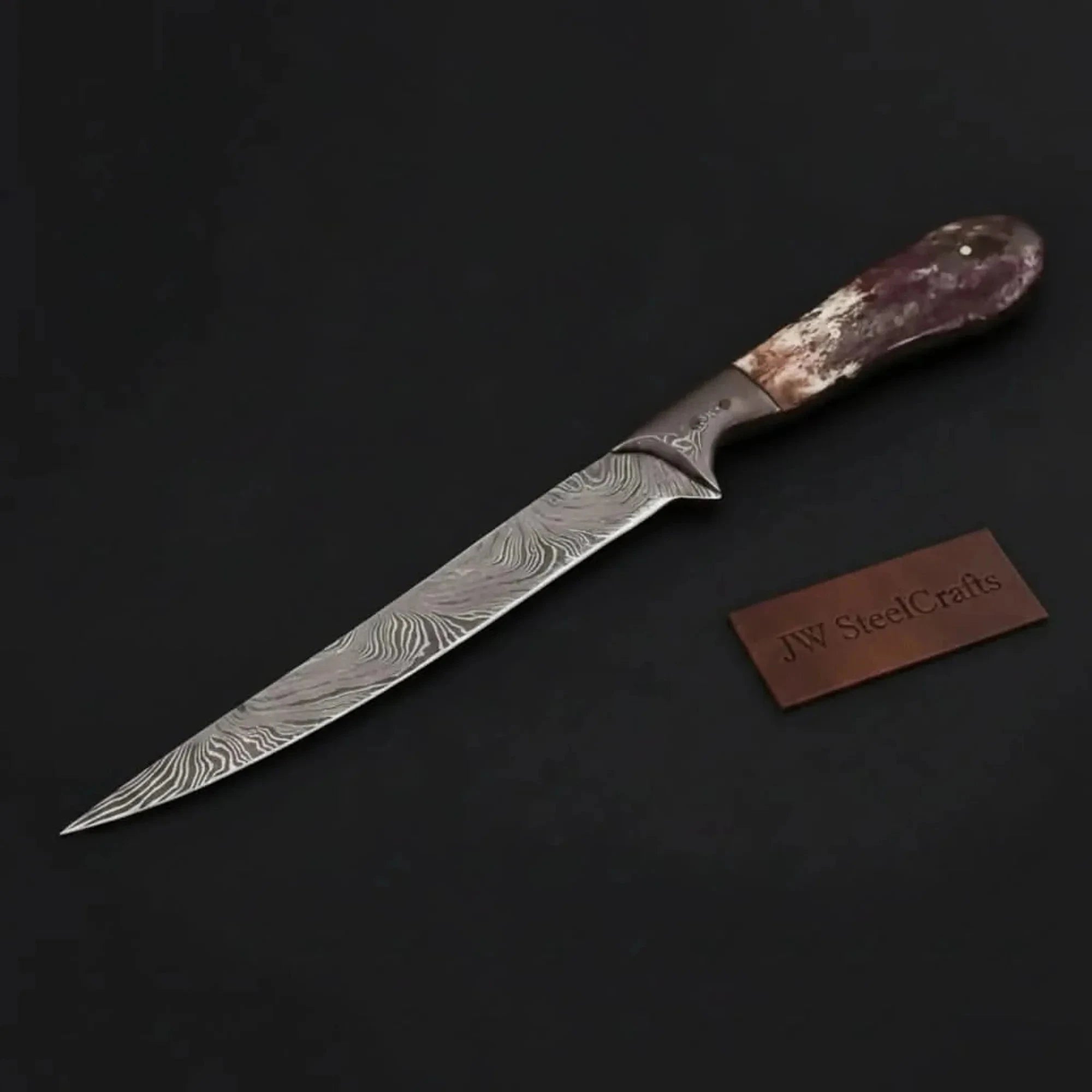 Palmarius Outdoors Custom Handmade Damascus Steel Boning Knife With Colour Bone Handle with Leather Sheath 