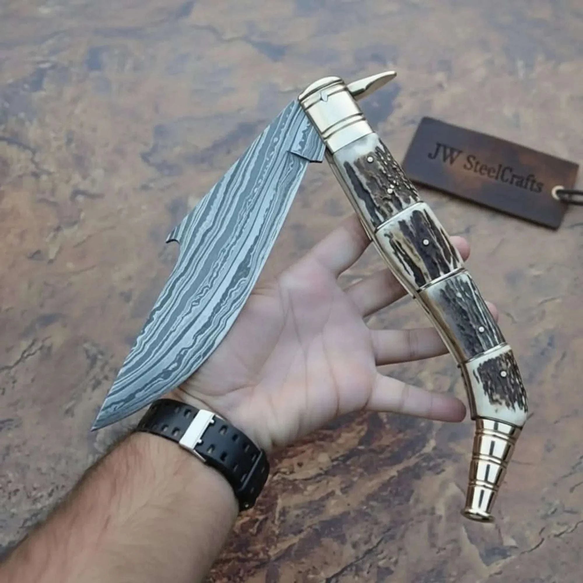 Palmarius Outdoors Handcrafted Damascus Steel Big Folding Knife with Genuine Antler Stag Horn Handle Back Lock Folder