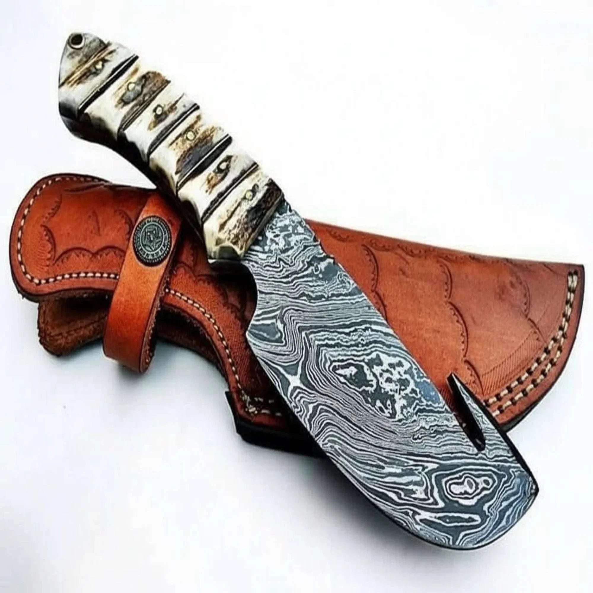 Palmarius Outdoors 9' Handmade Damascus Skinner Knife with Stag Bone Handle and Gut Hook Blade 