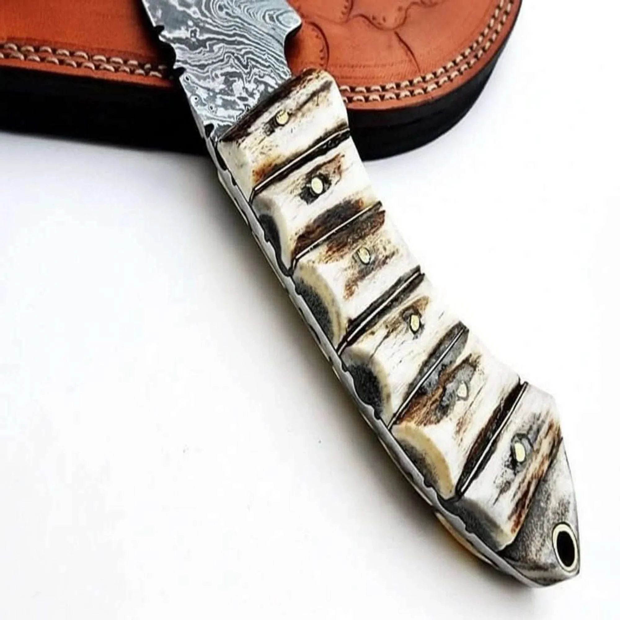 Palmarius Outdoors 9' Handmade Damascus Skinner Knife with Stag Bone Handle and Gut Hook Blade 