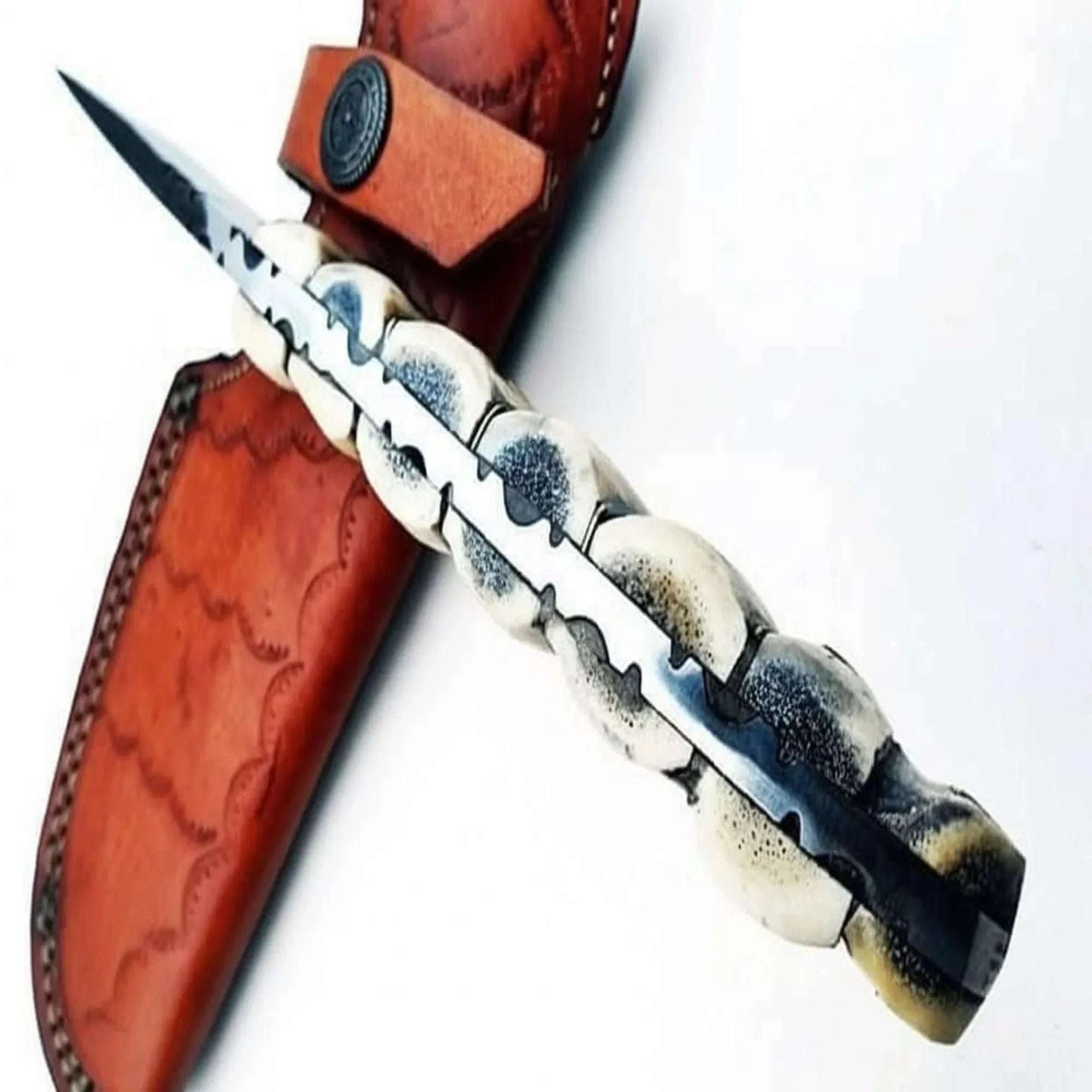 Palmarius Outdoors 9' Handmade Damascus Skinner Knife with Stag Bone Handle and Gut Hook Blade 