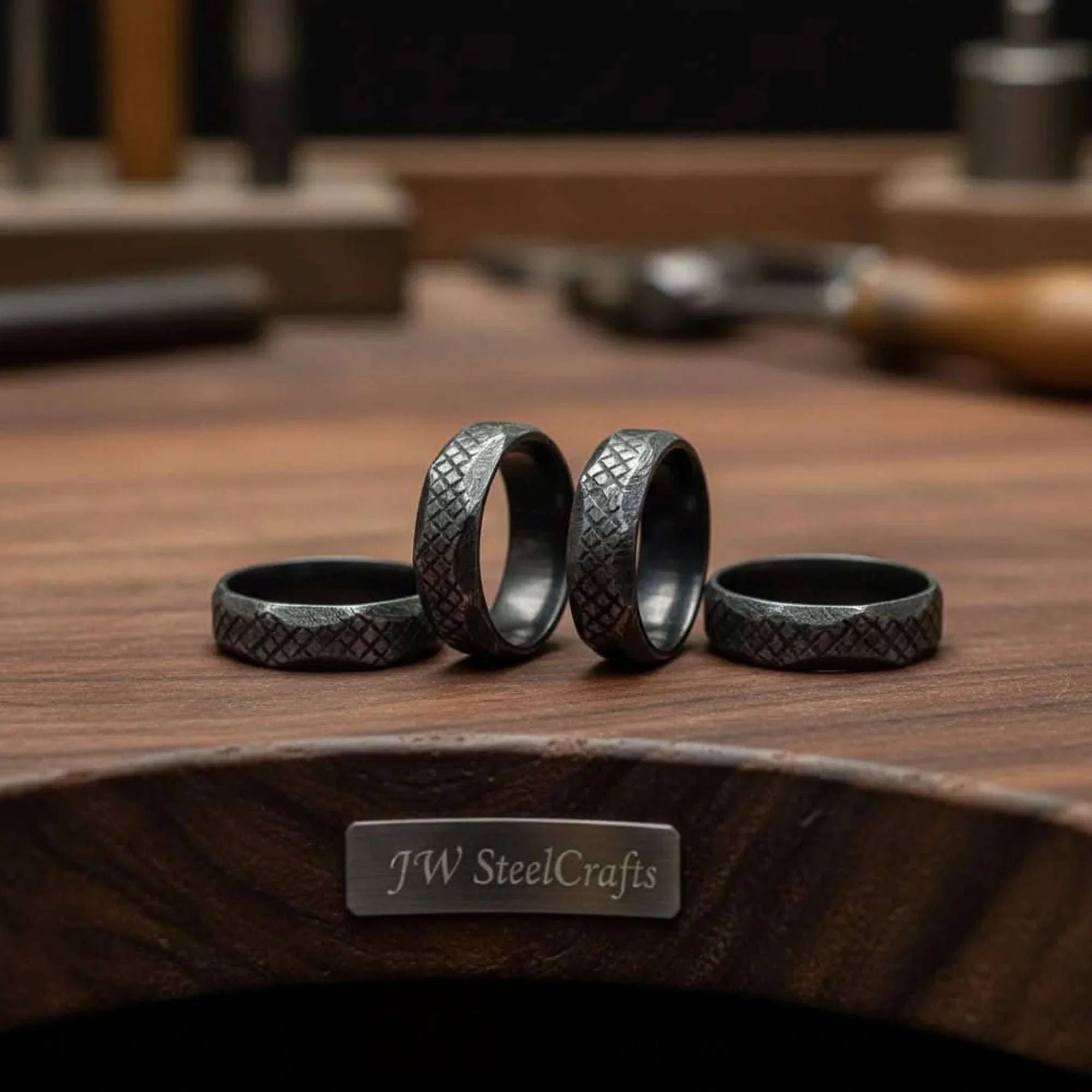 Palmarius Outdoors Black Damascus Steel Ring Lot with Hand Filed Texture Ring