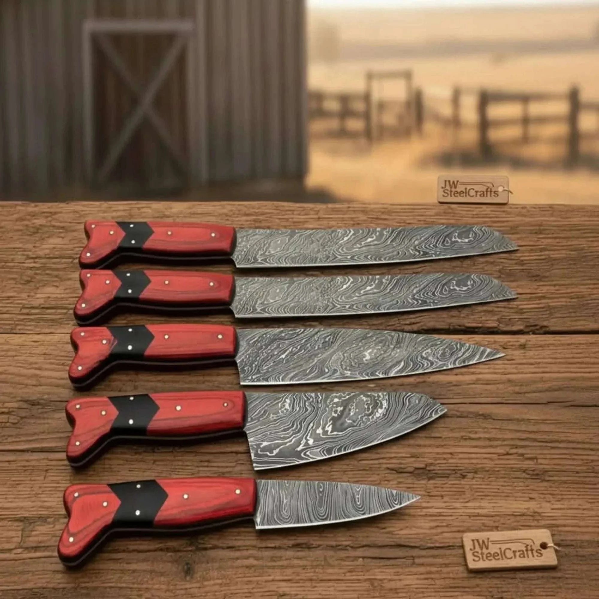 Palmarius Outdoors 5-Piece Damascus Carving Knife Set Red Pakka Black Resin with Wood Grain Damascus Blades Handmade Chef Knife Sets