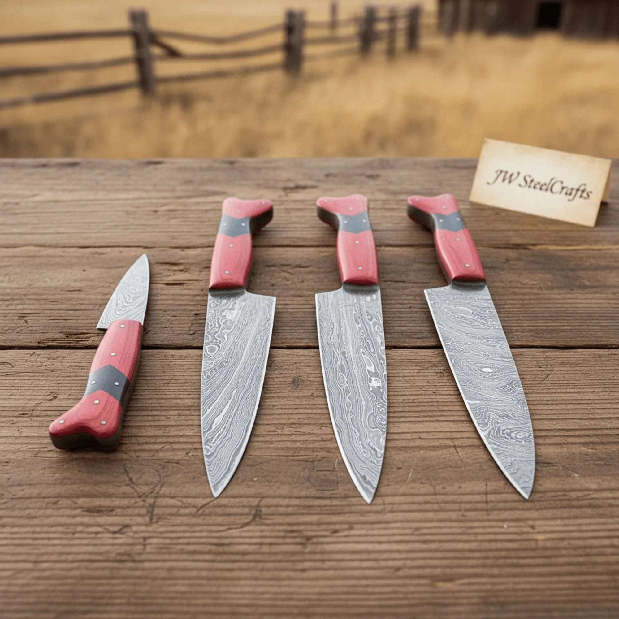 Palmarius Outdoors 5-Piece Damascus Carving Knife Set Red Pakka Black Resin with Wood Grain Damascus Blades Handmade Chef Knife Sets