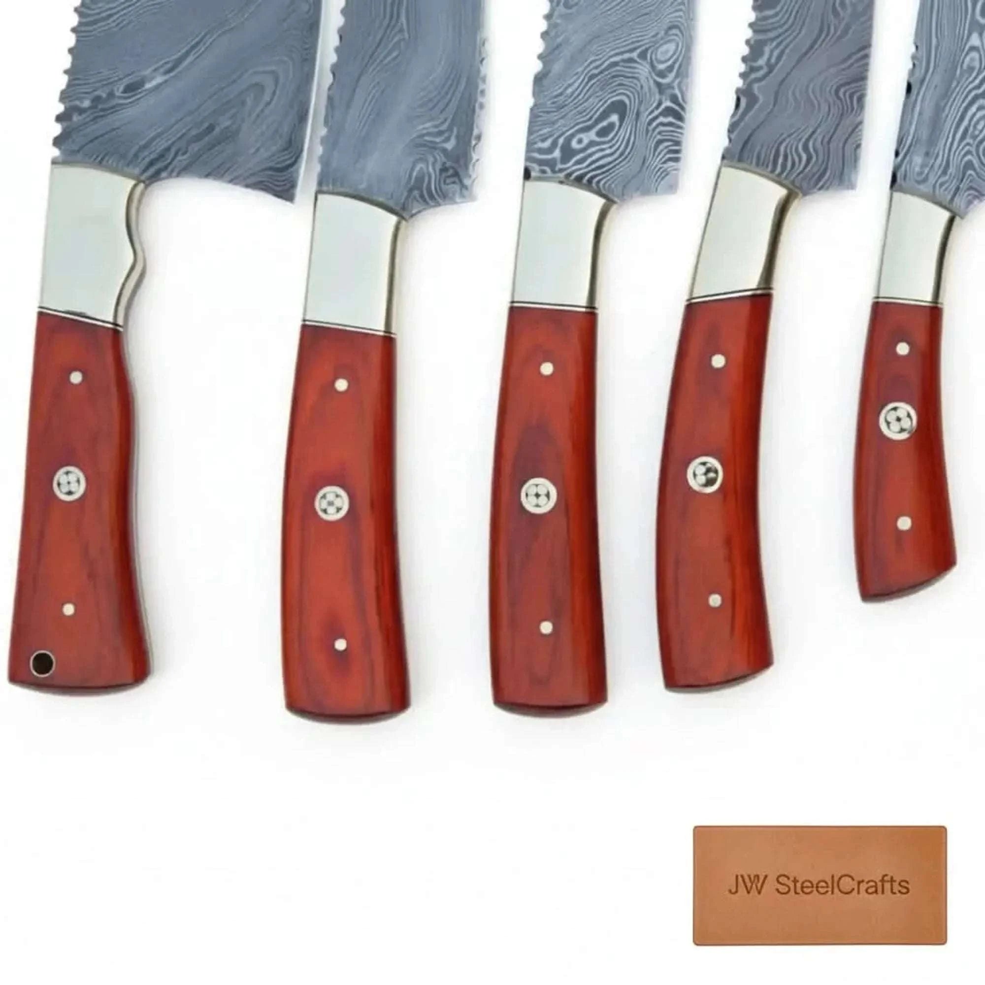 Palmarius Outdoors 5-Piece Damascus Kitchen Knife Set — Butcher, Bread, Chef, Utility & Paring with Reddish Hardwood Handles Handmade Chef Knife Sets