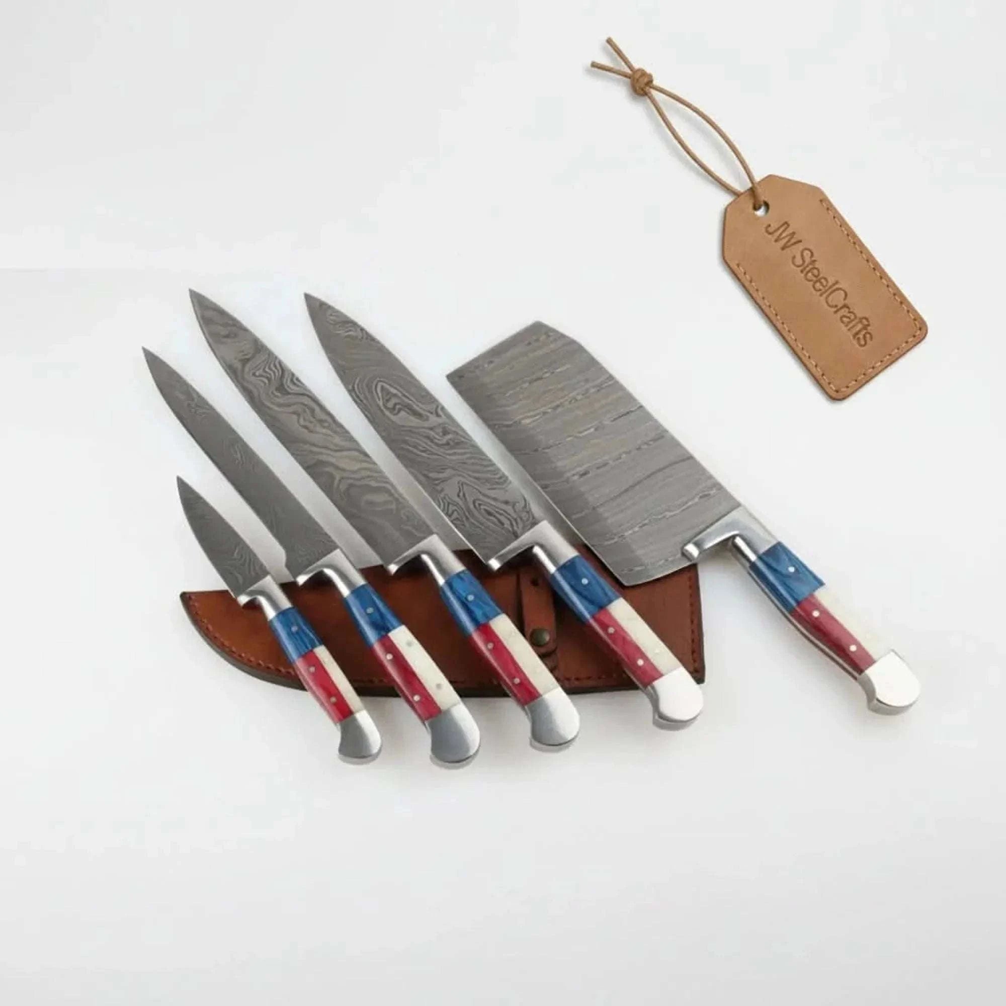 Palmarius Outdoors 6-Piece Damascus Knife Set with Butcher Cleaver 7 to 13 Inch Blades with Full Tang Handmade Chef Knife Sets