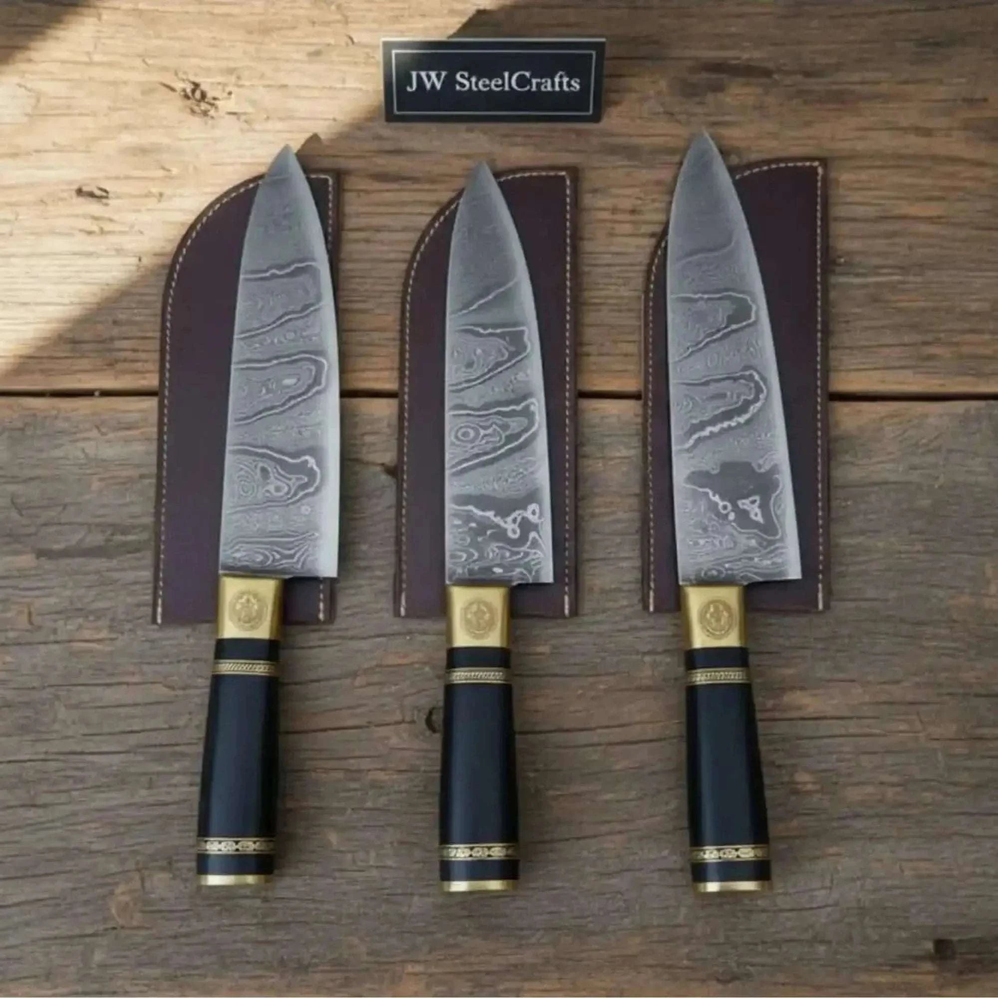 Palmarius Outdoors 3-Piece Damascus Chef Knife Set — 13 Inch Blades with Black Resin Handles, Brass Bolsters & Leather Sheaths | JW Steel Crafts Handmade Chef Knife Sets