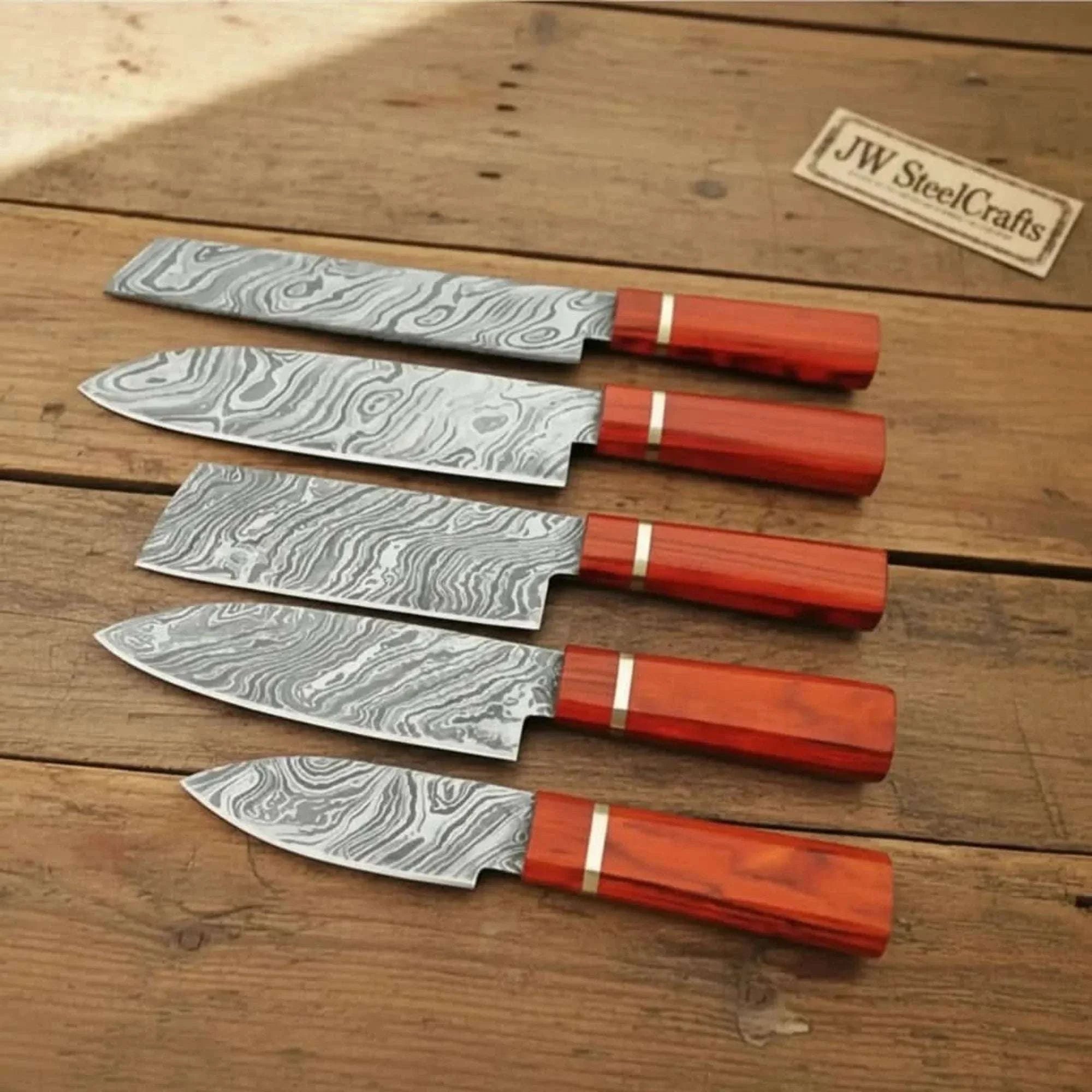 Palmarius Outdoors 5-Piece Twisted Damascus Japanese Knife Set with Red Pakka Wood Handles Handmade Chef Knife Sets