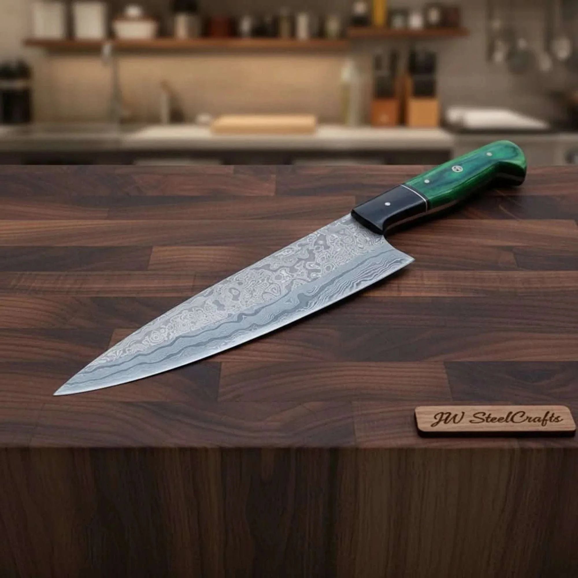 Palmarius Outdoors Handmade Damascus Gyuto Chef Knife, Full Tang Professional Kitchen Knife with Green Wood and Black Resin Handle, Forged Damascus Steel Culinary Cooking Knife, JW SteelCraft Damascus Steel Chef Knives