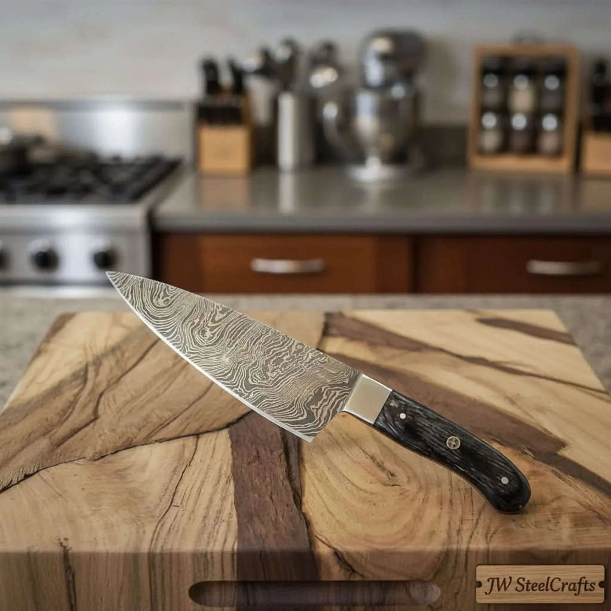 Palmarius Outdoors Custom Damascus Gyuto Chef Knife, Handmade Professional Cooking Knife with Steel Bolster by JW Steel Damascus Steel Chef Knives