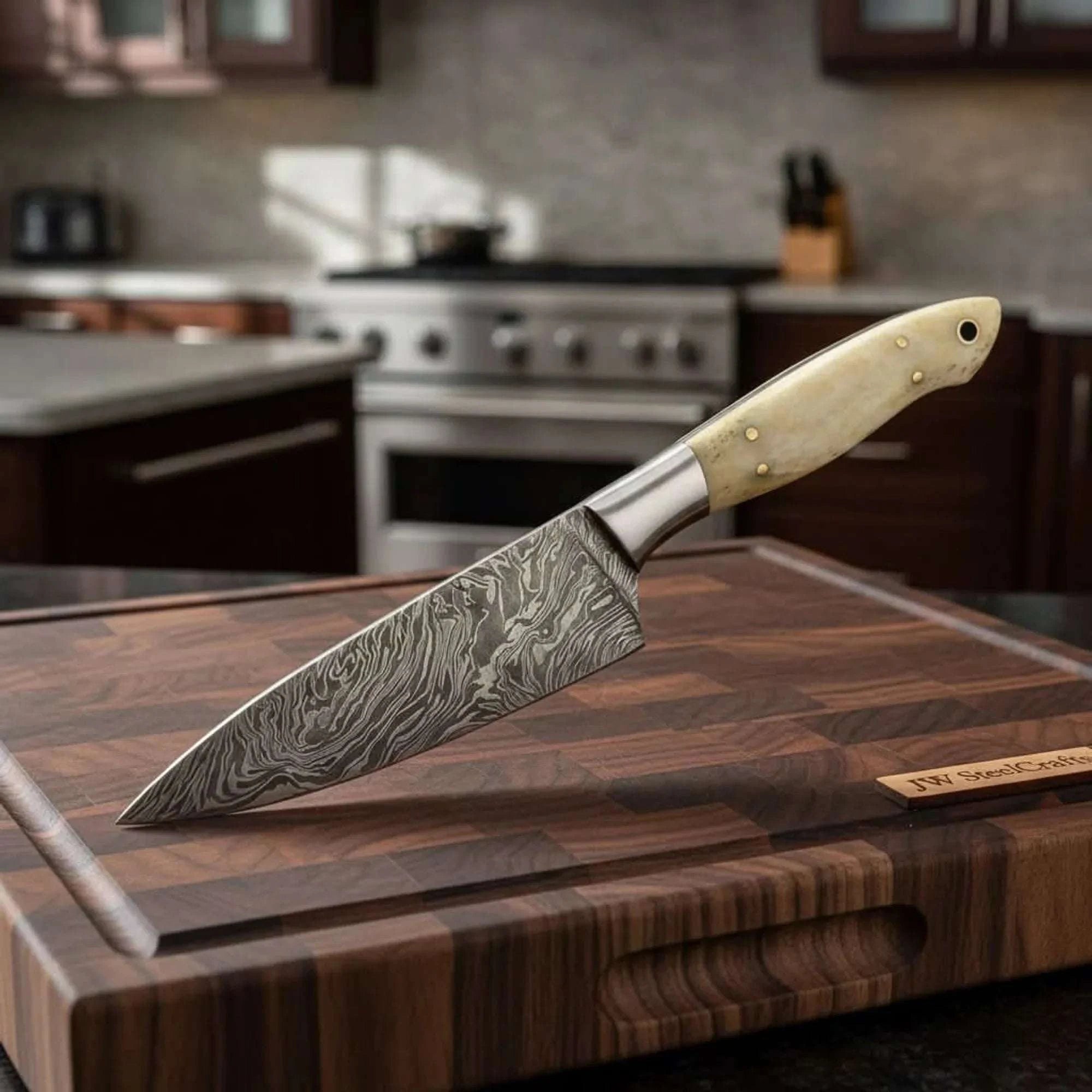 Palmarius Outdoors Custom Handmade Damascus Bunka Knife with Bone Handle and Steel Bolster, Hand Forged Japanese knives Damascus Steel Chef Knives