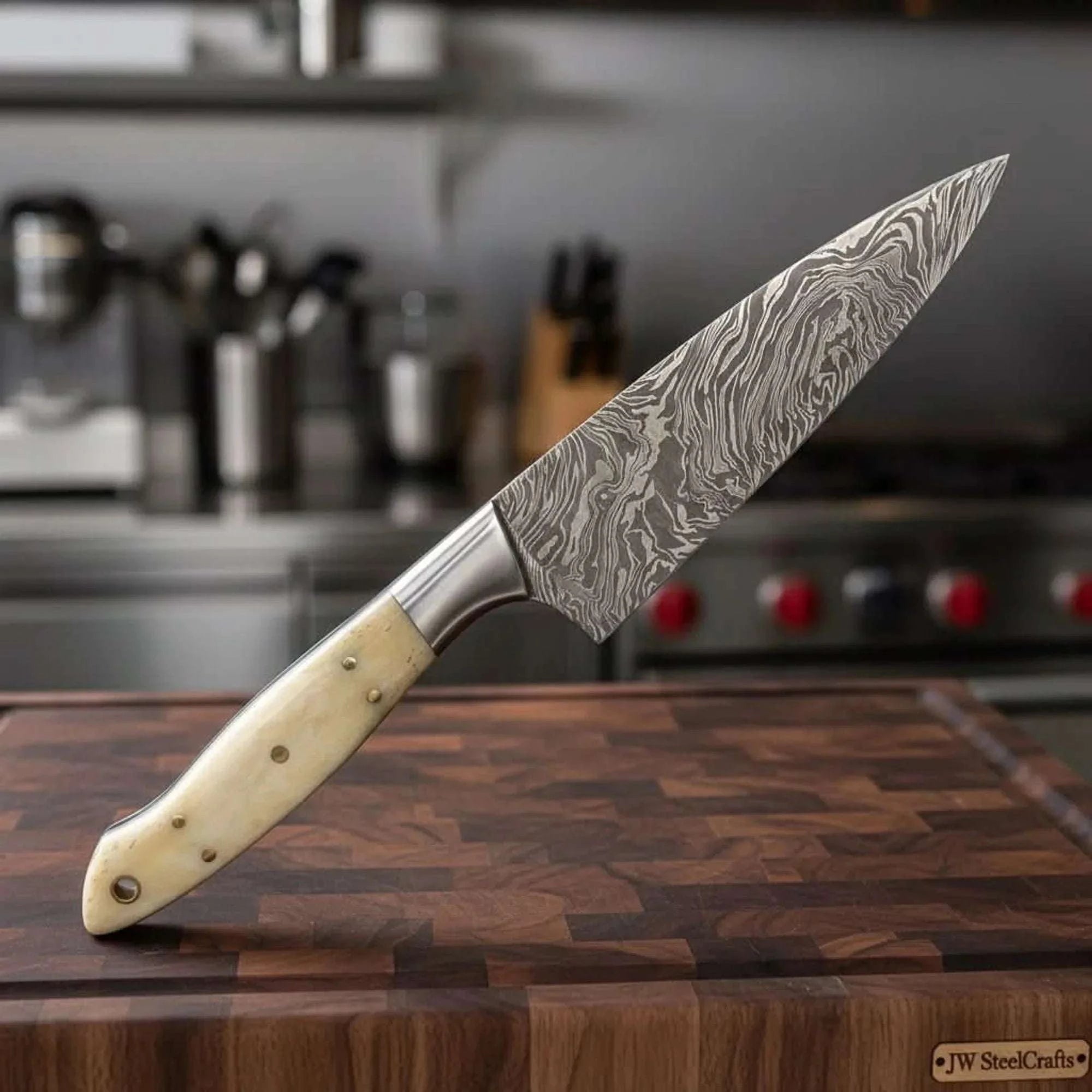 Palmarius Outdoors Custom Handmade Damascus Bunka Knife with Bone Handle and Steel Bolster, Hand Forged Japanese knives Damascus Steel Chef Knives