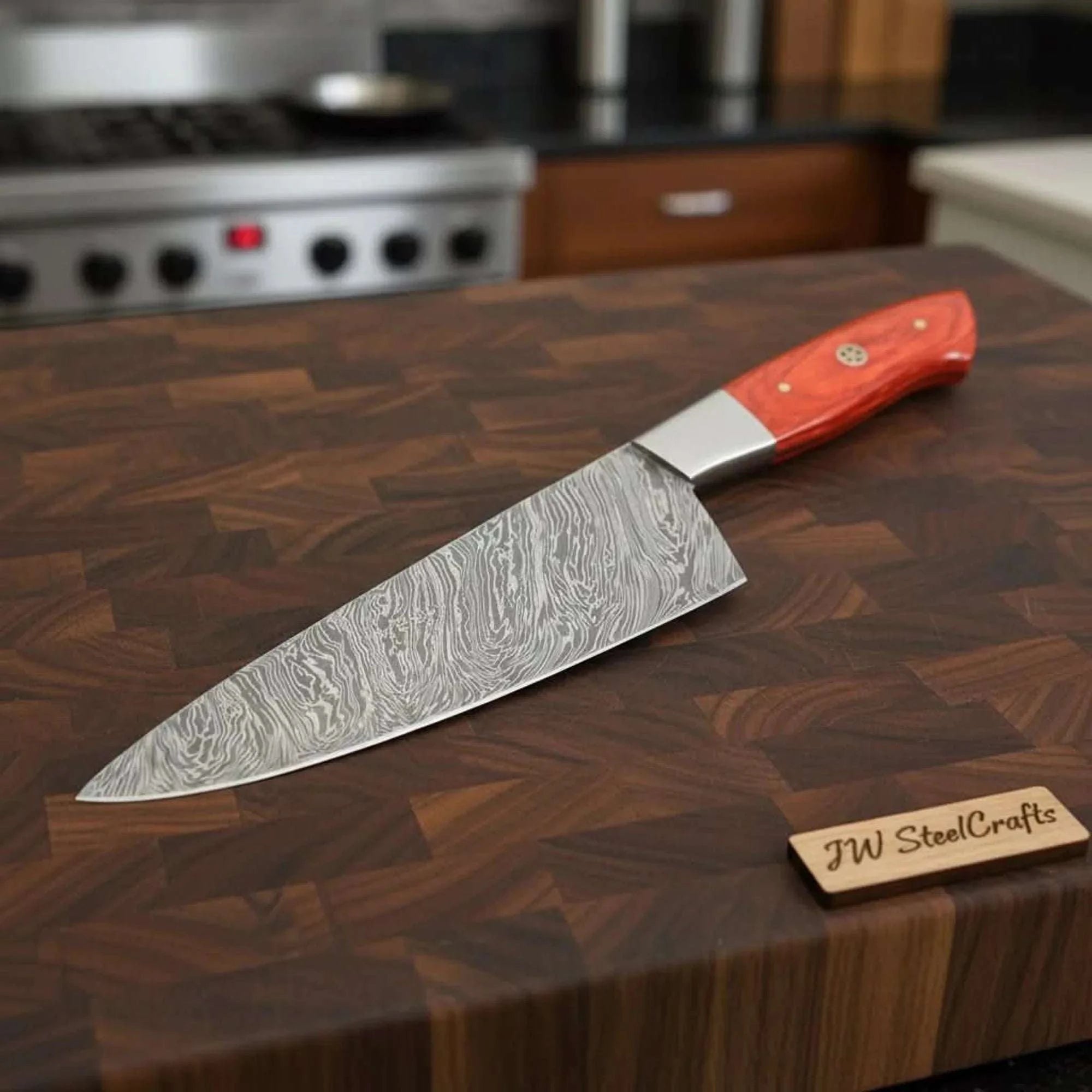 Palmarius Outdoors Damascus Steel Chef Knife, Orange Dyed Wood Handle, Full Tang Blade by JW SteelCrafts Damascus Steel Chef Knives