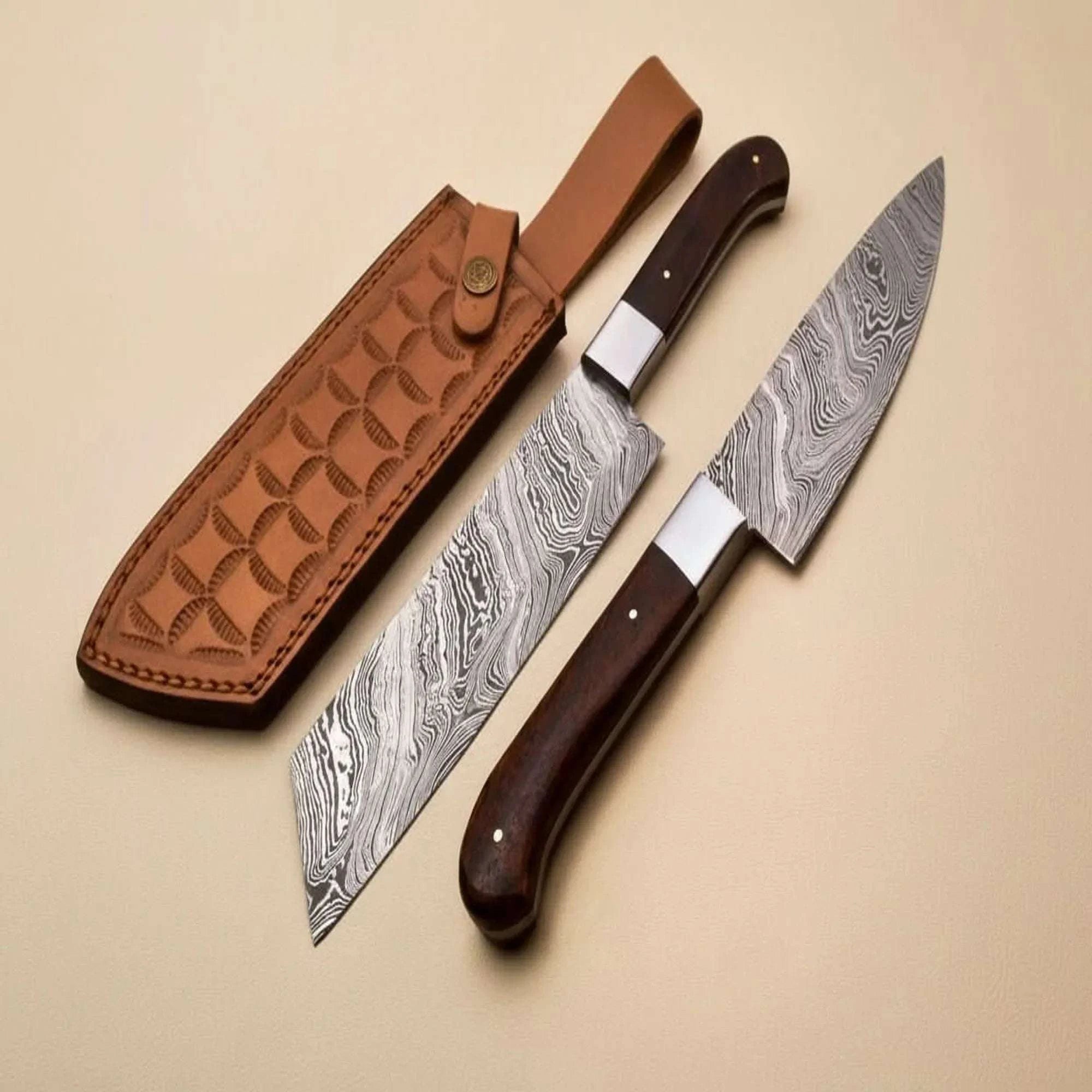 Palmarius Outdoors Handmade Damascus Kiritsuke Gyuto and Gyuto Knife Set of 2, Japanese Kitchen Knife Set, Forged Damascus Steel Chef Knife Set, Walnut Wood Handles, JW SteelCrafts Damascus Steel Chef Knives