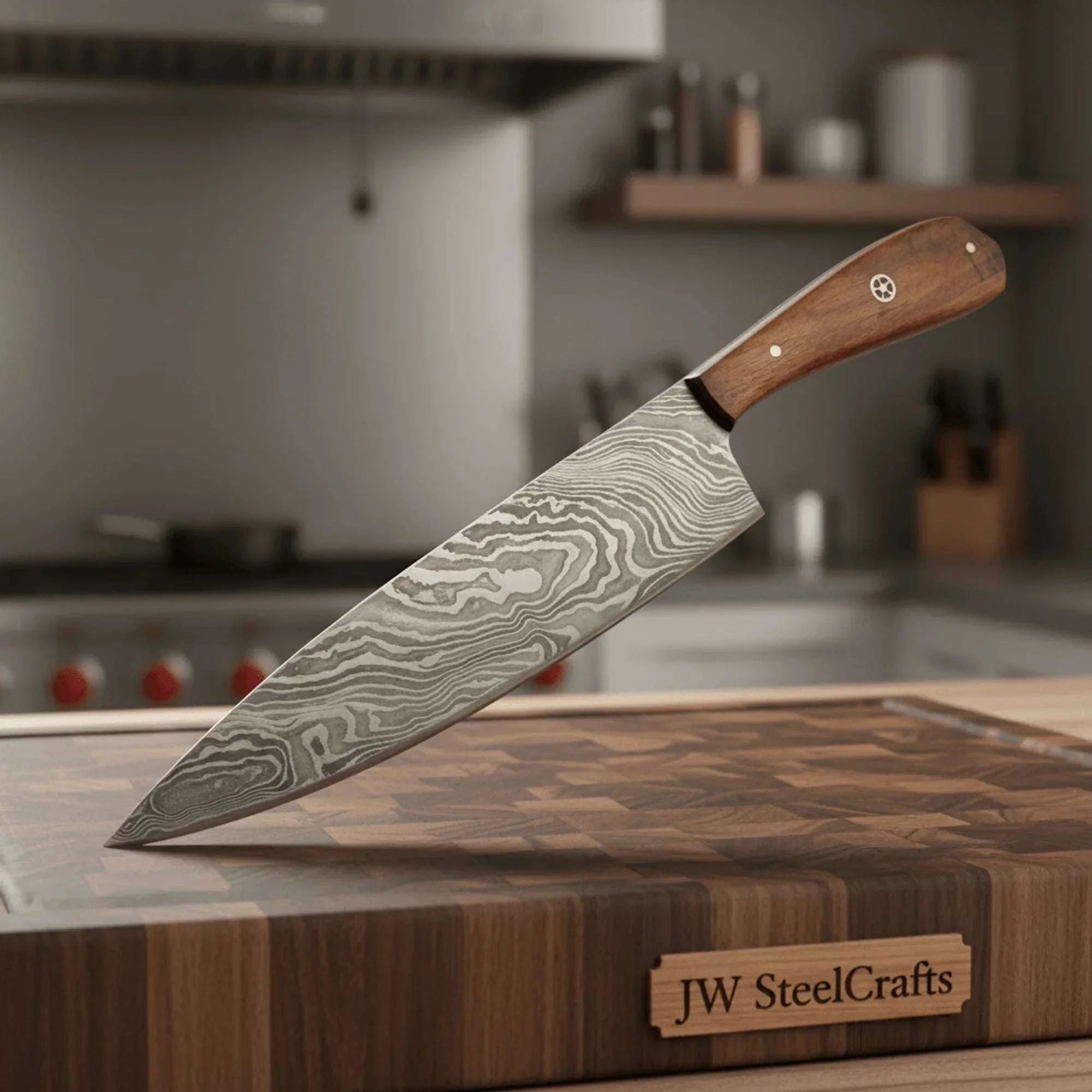 Palmarius Outdoors Chef Knife, Twist Pattern Damascus Steel Blade, Walnut Wood Handle with Mosaic Pin, Full Tang Professional Kitchen Knife, JW SteelCrafts Damascus Steel Chef Knives