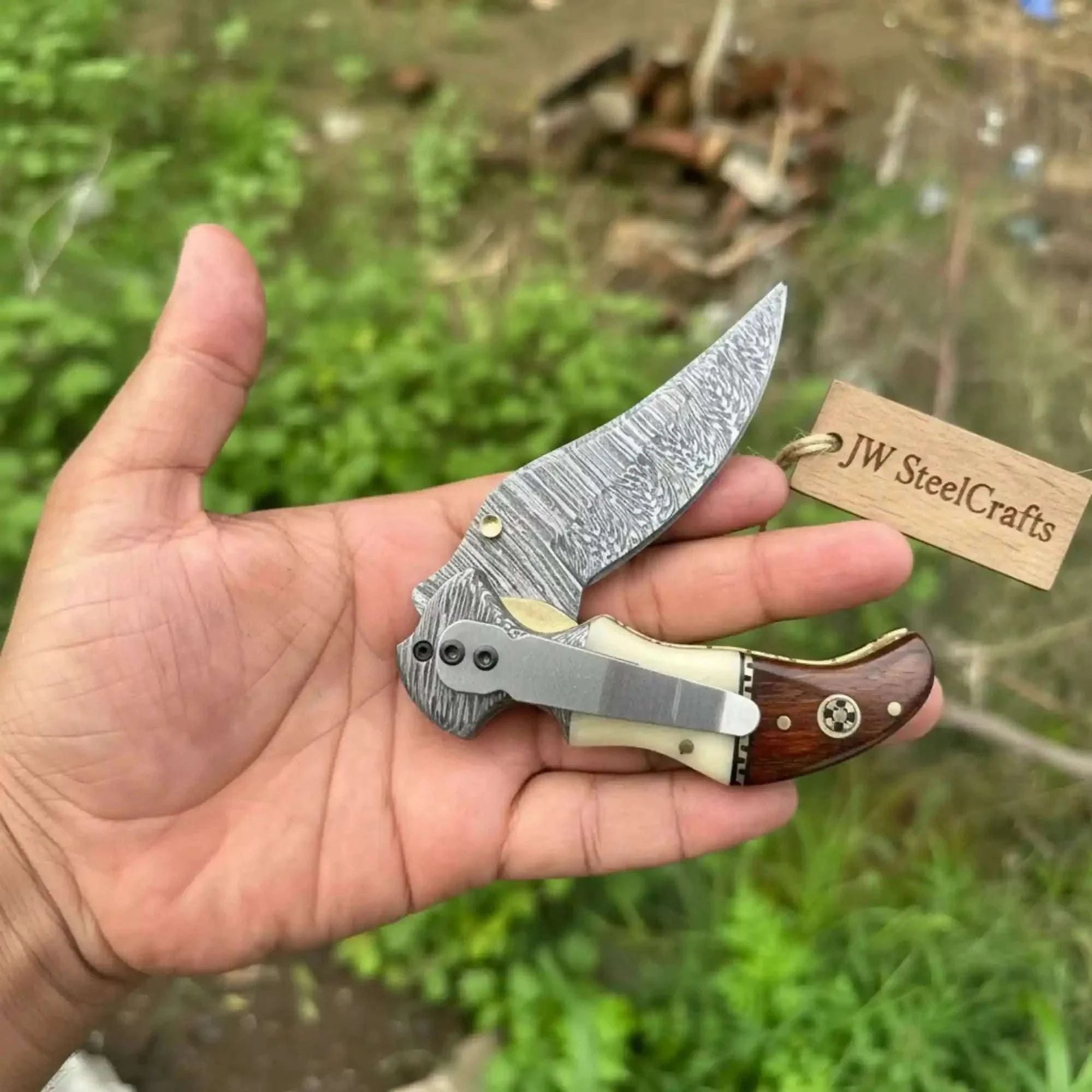 Palmarius Outdoors Damascus Neck Folding Knife with Rosewood & Bone Handle Folding Knife