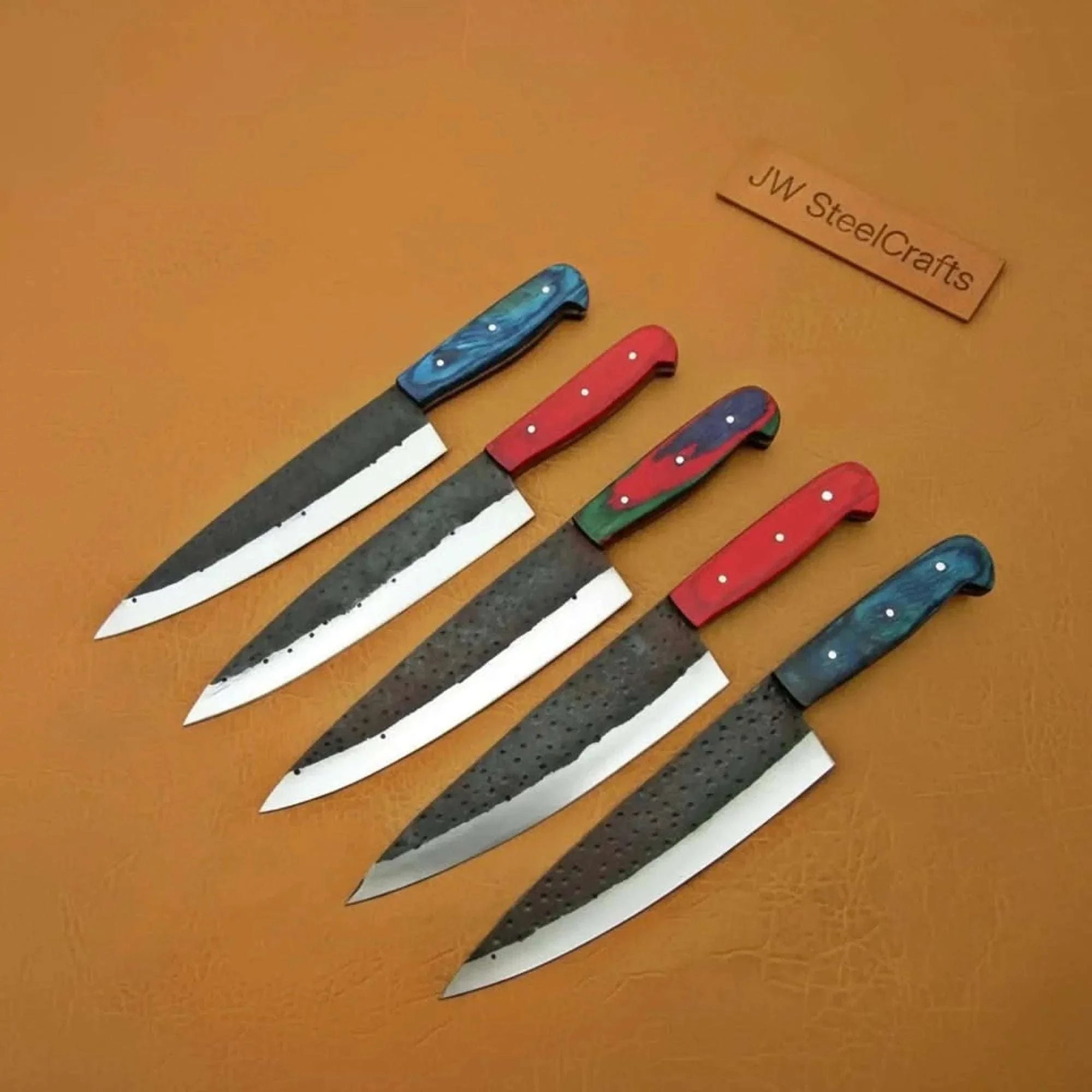 Palmarius Outdoors 5-Piece Kurouchi Carbon Steel Knife Set with Multicolor Pakka Wood Handles Handmade Chef Knife Sets