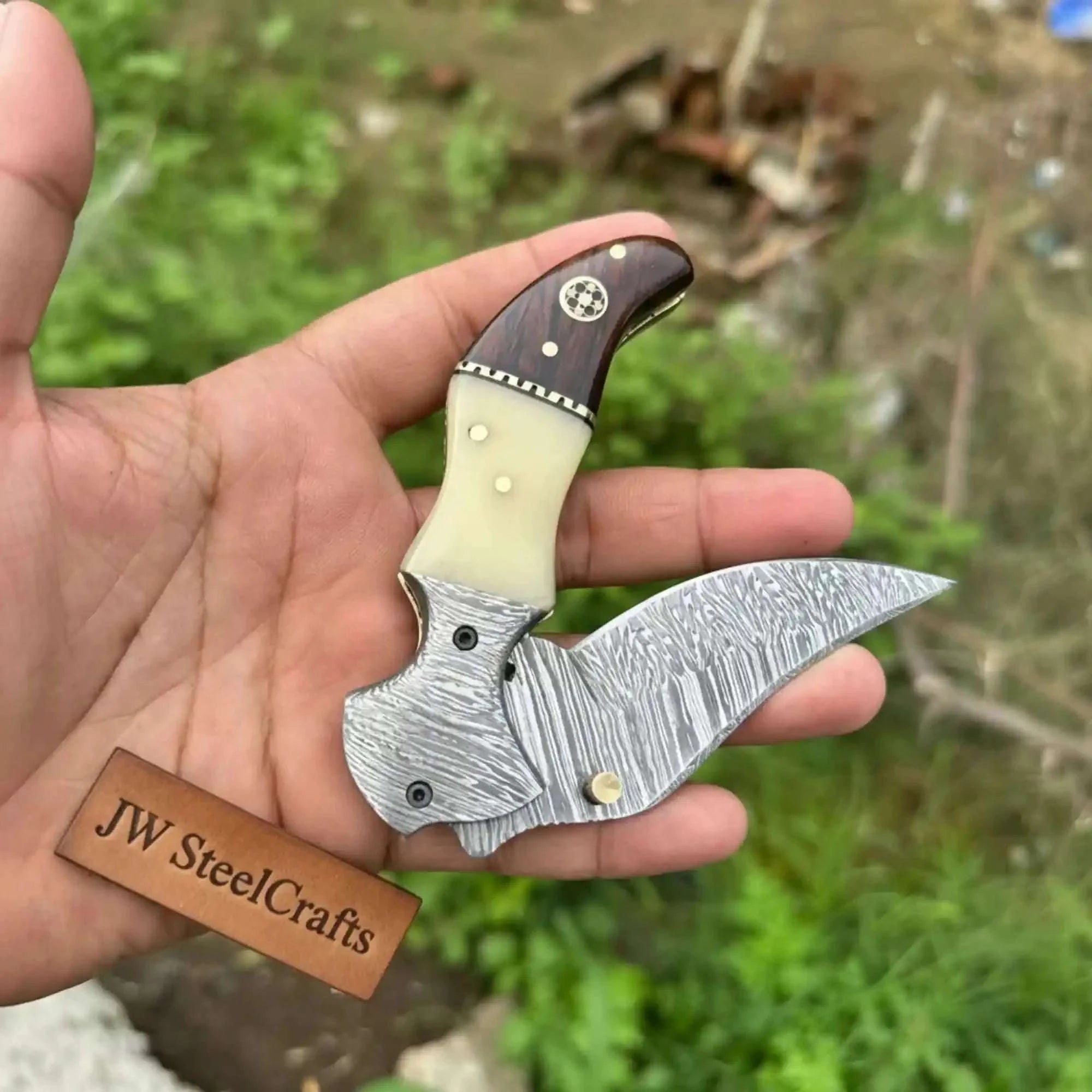 Palmarius Outdoors Damascus Neck Folding Knife with Rosewood & Bone Handle Folding Knife