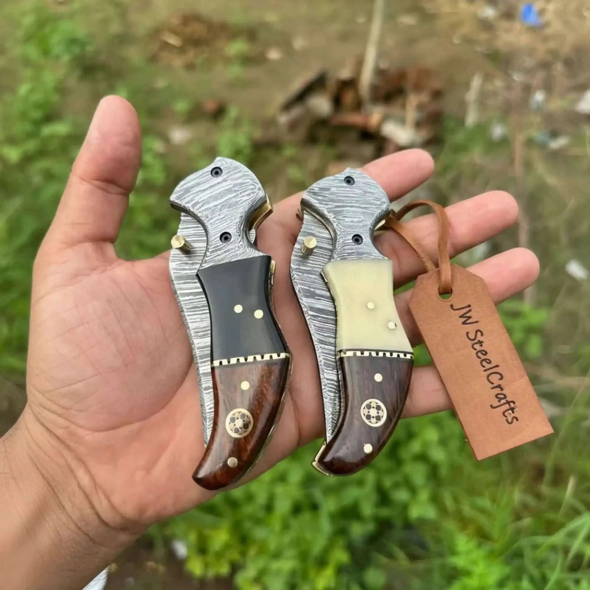 Palmarius Outdoors Damascus Neck Folding Knife Set with Rosewood Black & Cream Handles Folding Knife