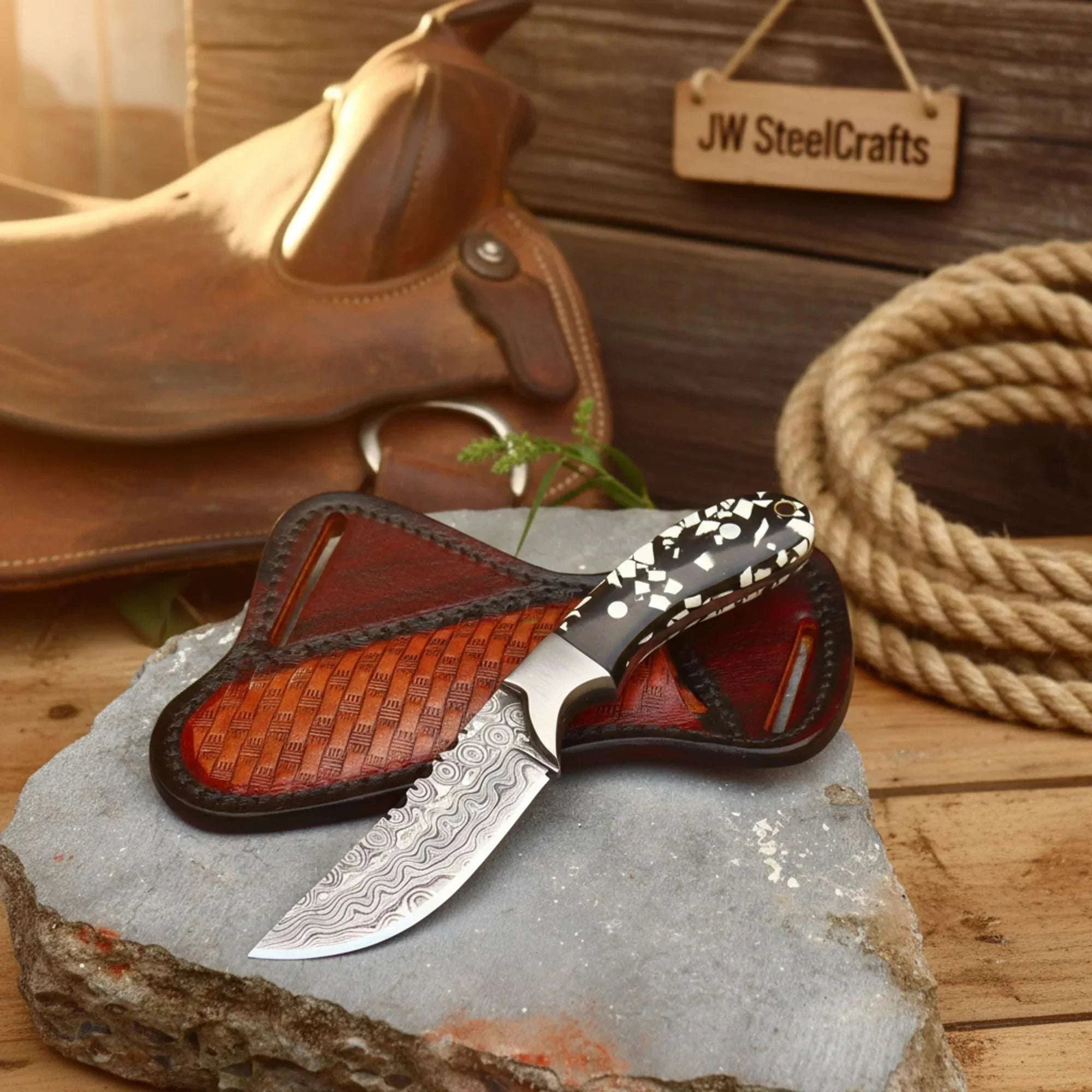 Palmarius Outdoors Buckhorn Trail Tracker Knife 10" Premium Hammered Damascus Stag Antler Tracker Knife