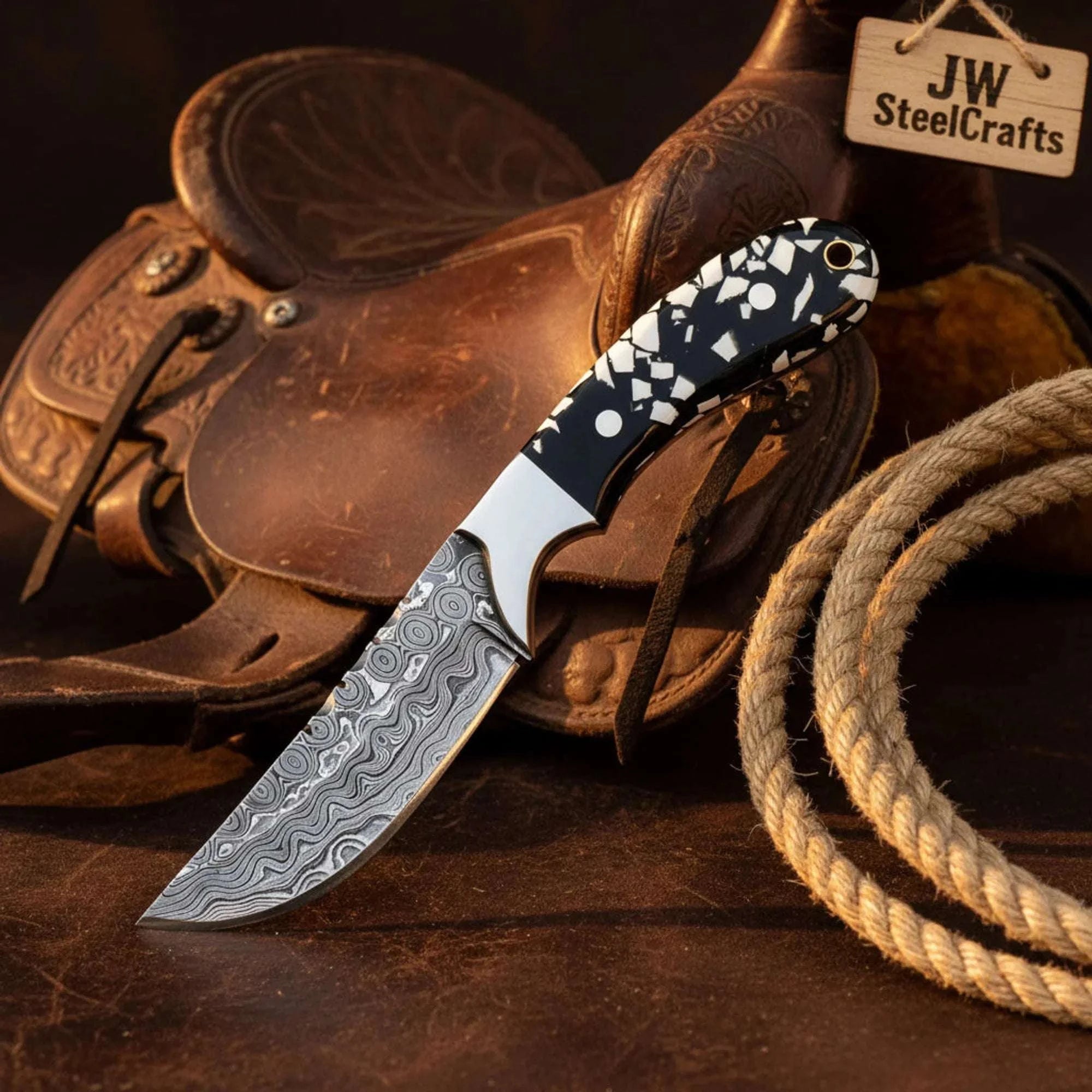 Palmarius Outdoors Buckhorn Trail Tracker Knife 10" Premium Hammered Damascus Stag Antler Tracker Knife