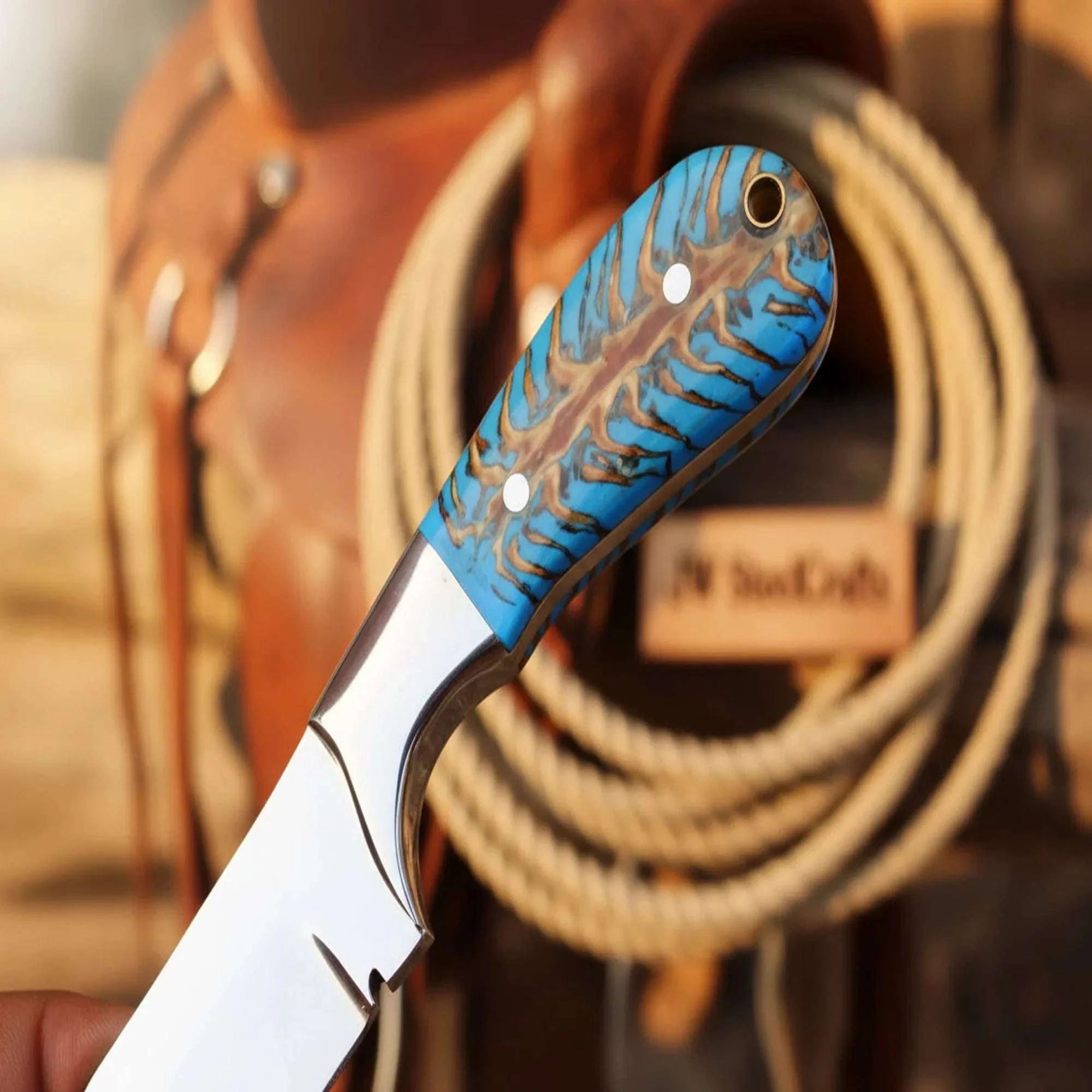 Palmarius Outdoors Sundance Turquoise Tracker Knife 10" Premium Hammered Damascus Tigerwood Tracker Knife