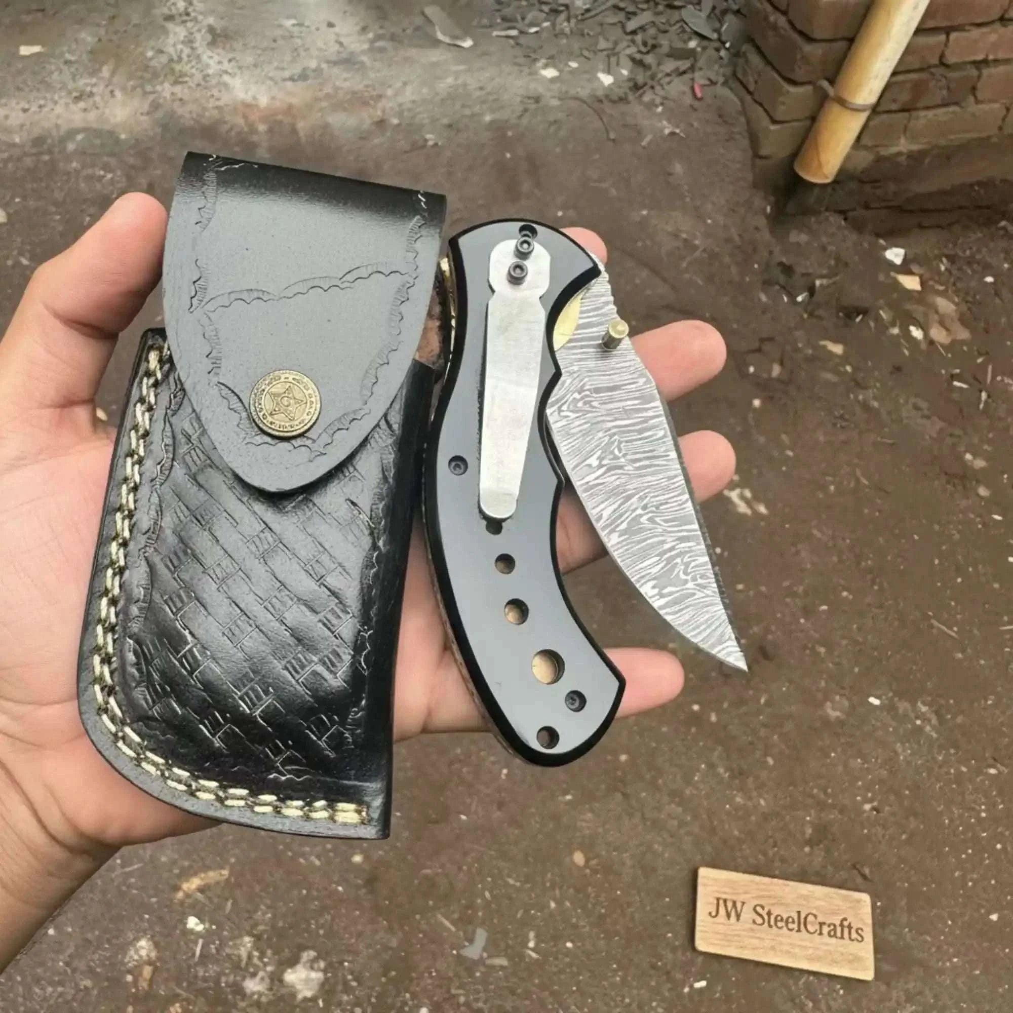 Palmarius Outdoors G10 Damascus Drop Point pocket Knife with Black Resin Handle Folding Knife