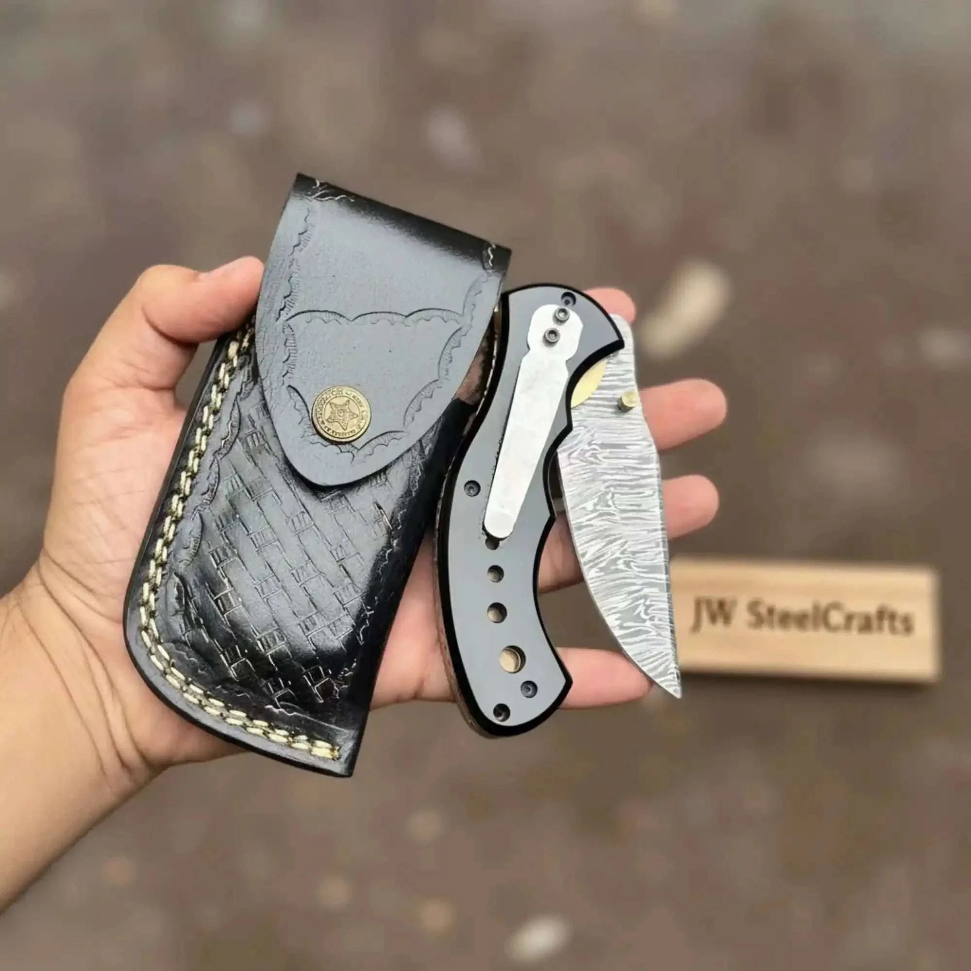 Palmarius Outdoors G10 Damascus Drop Point pocket Knife with Black Resin Handle Folding Knife
