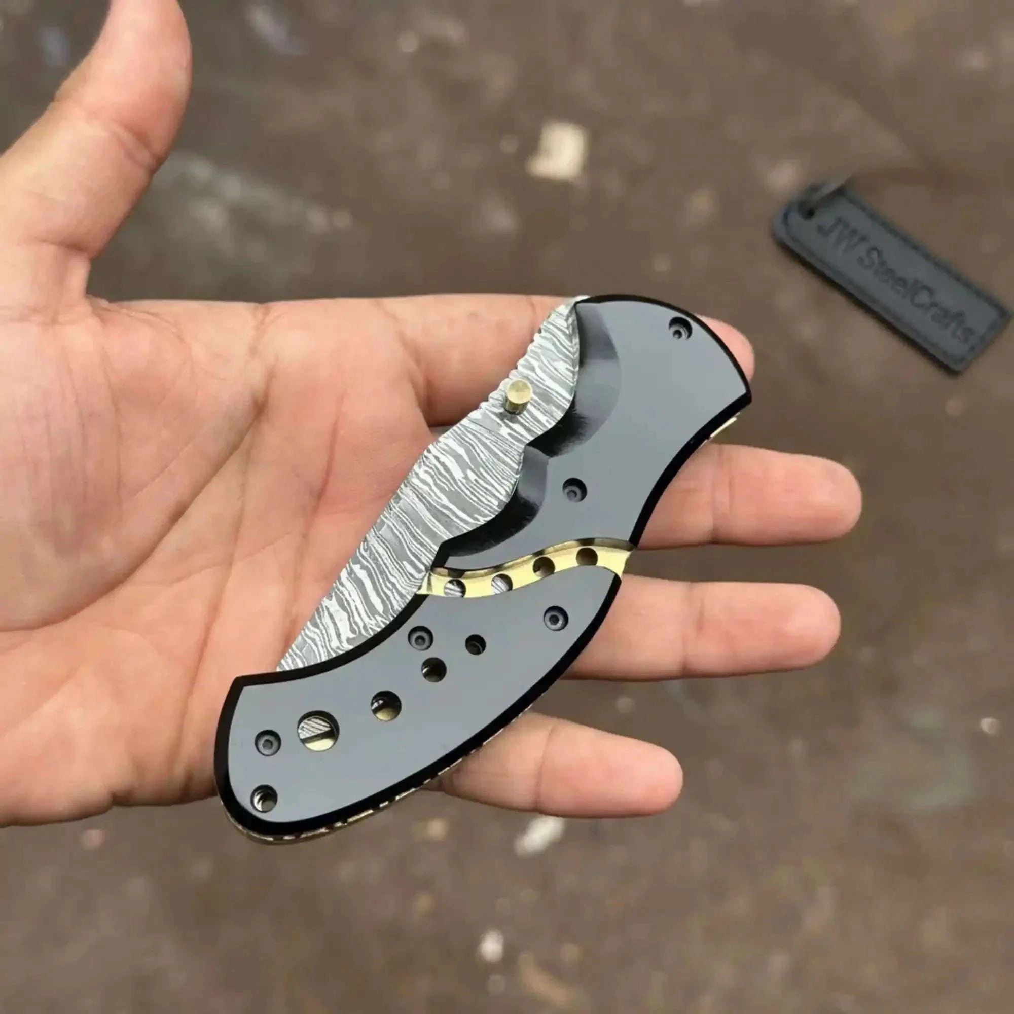 Palmarius Outdoors G10 Damascus Drop Point pocket Knife with Black Resin Handle Folding Knife