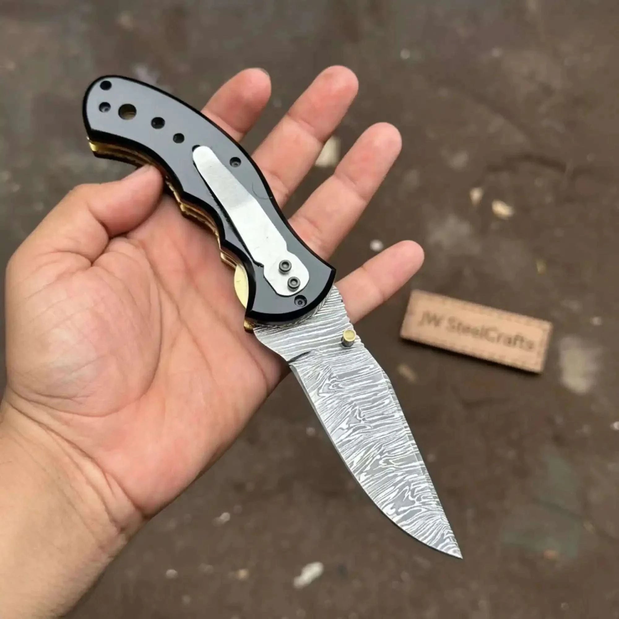 Palmarius Outdoors G10 Damascus Drop Point pocket Knife with Black Resin Handle Folding Knife