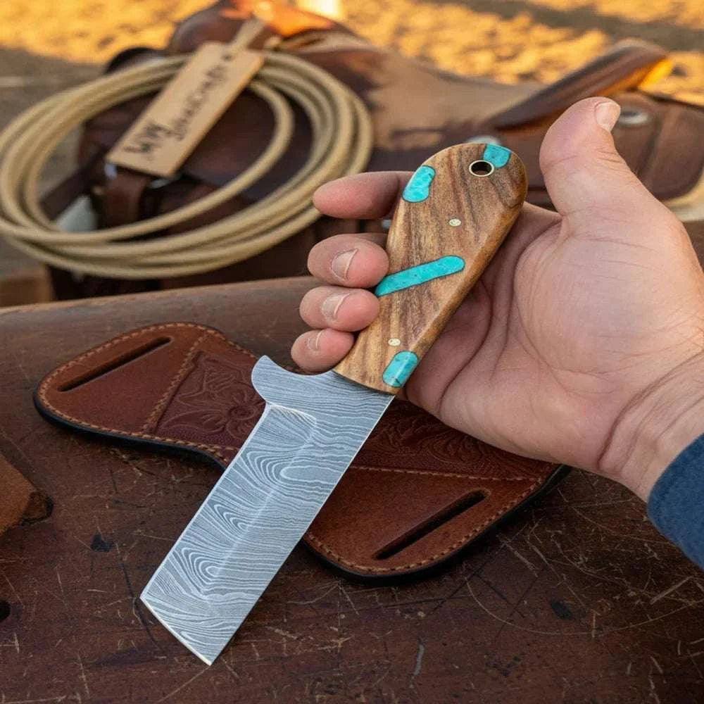 Palmarius Outdoors Rancher's Bull Knife 6" Handmade Damascus Turquoise Accent Handle Bull Cutter Knives Set