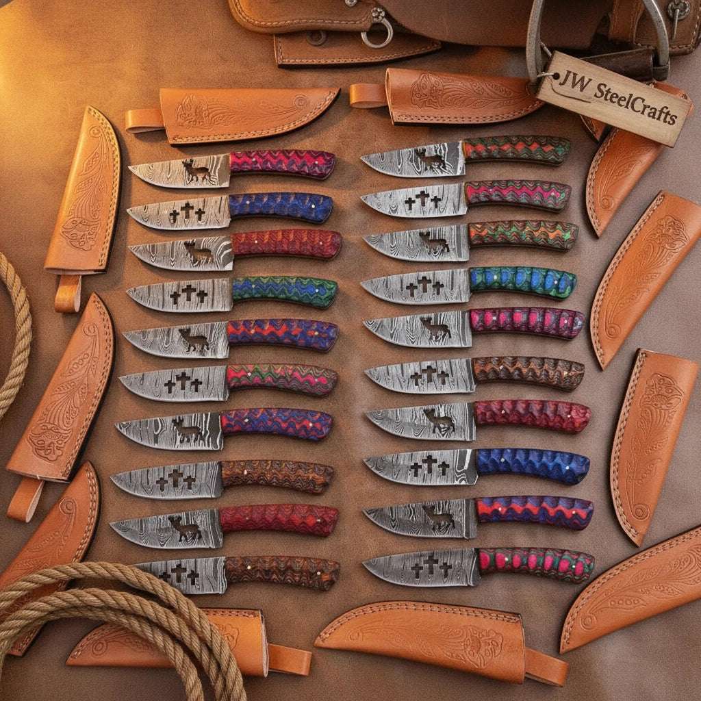 Palmarius Outdoors Trailrider Cowboy Blade 7" Handmade Damascus Multicolor Resin Handle cowboy knives