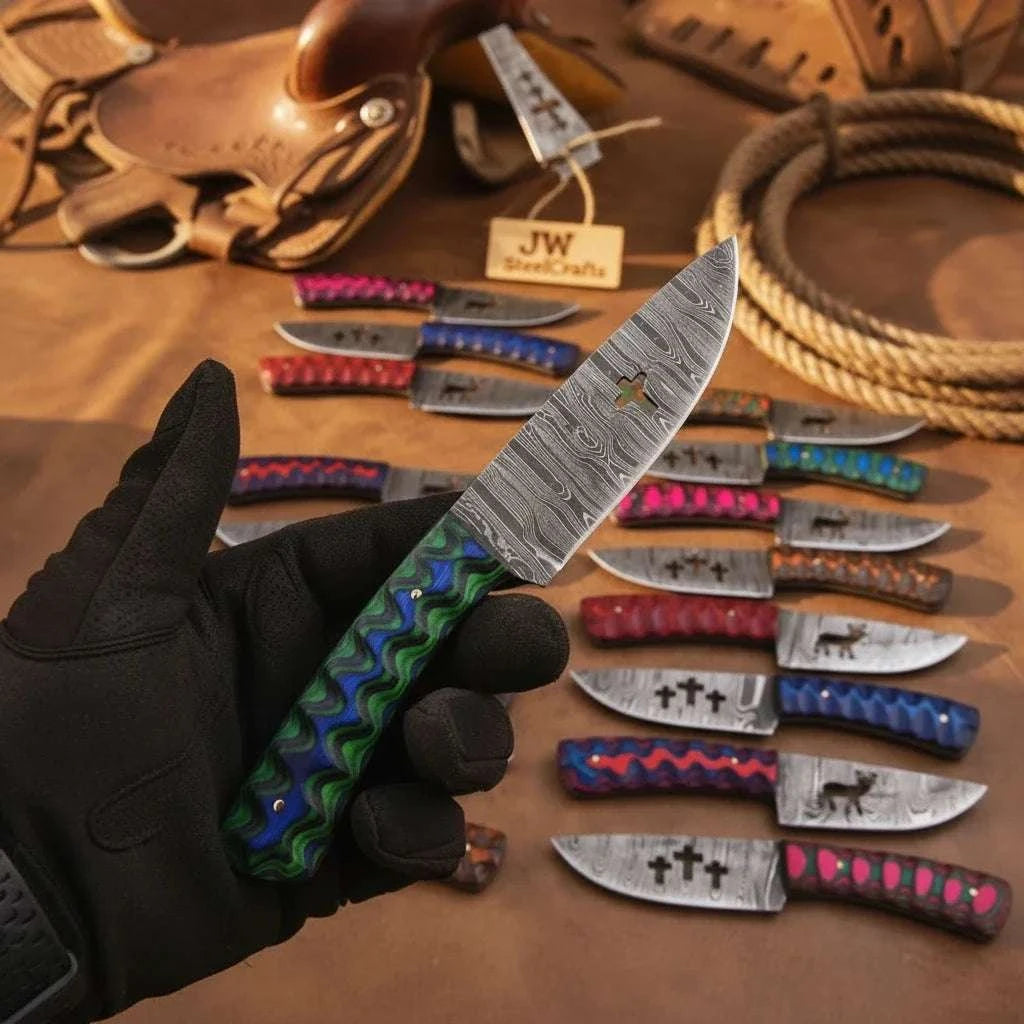 Palmarius Outdoors Trailrider Cowboy Blade 7" Handmade Damascus Multicolor Resin Handle cowboy knives