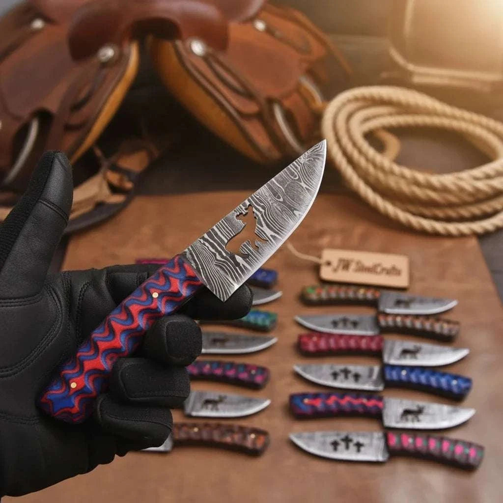 Palmarius Outdoors Trailrider Cowboy Blade 7" Handmade Damascus Multicolor Resin Handle cowboy knives