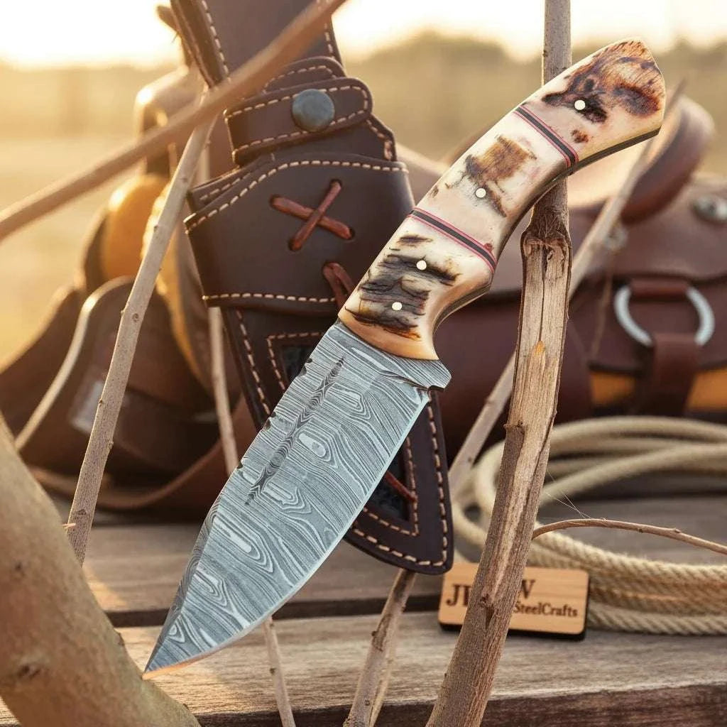 Palmarius Outdoors Sundown Trail Rasp Steel Knife 9" Stag Bone Handle - JW Steelcrafts 
