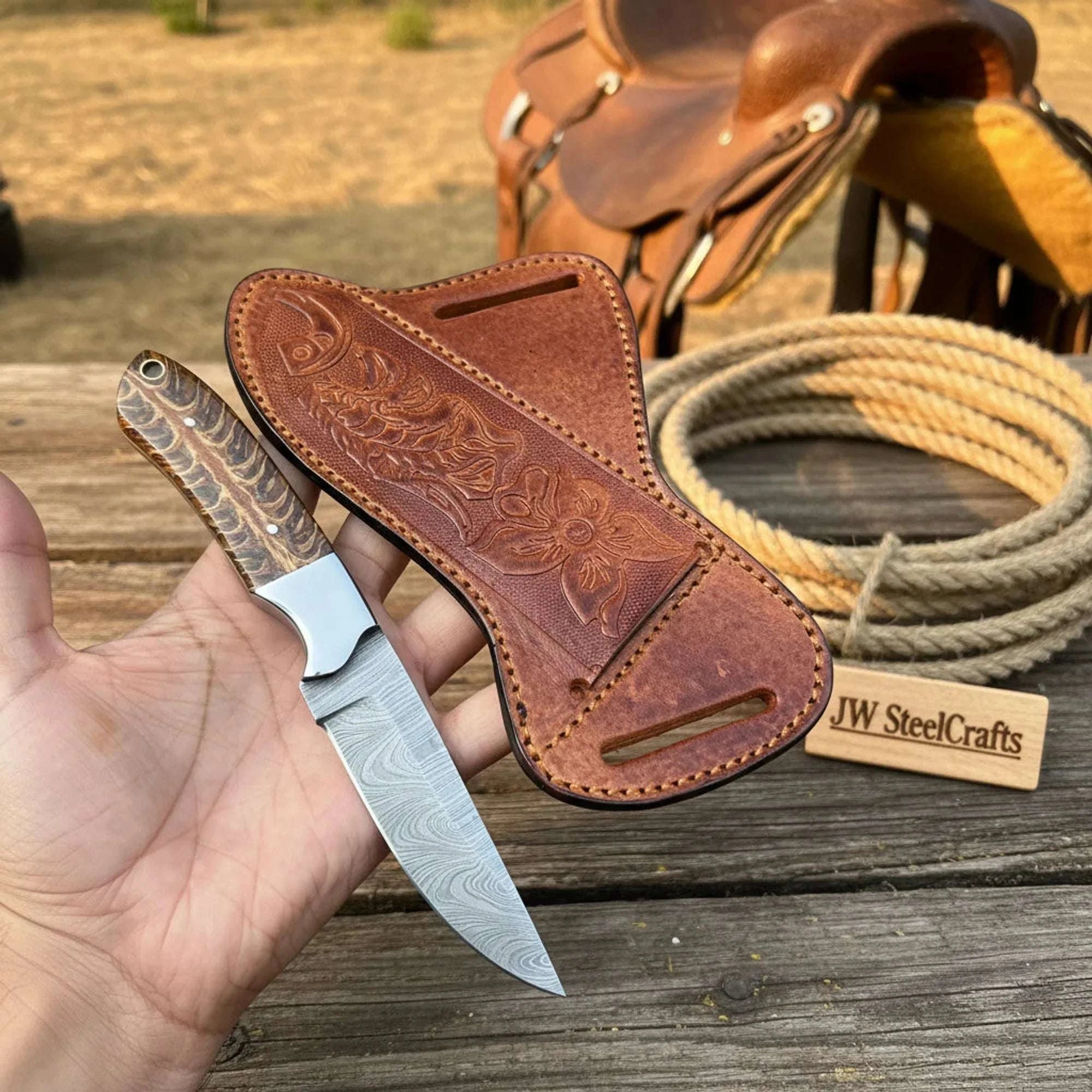 Palmarius Outdoors Wildgrain Bushcraft Knife 8" Handmade Damascus Natural Wood Handle Bushcraft Knife