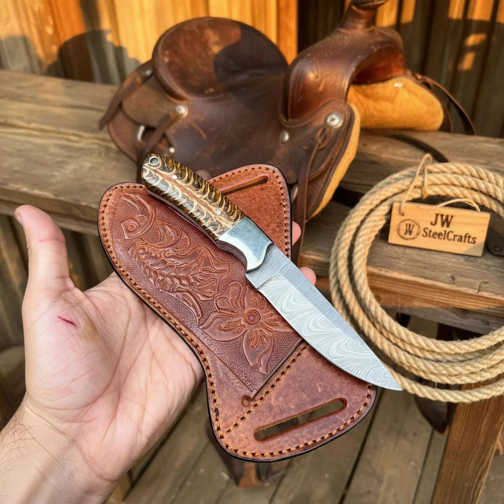 Palmarius Outdoors Wildgrain Bushcraft Knife 8" Handmade Damascus Natural Wood Handle Bushcraft Knife