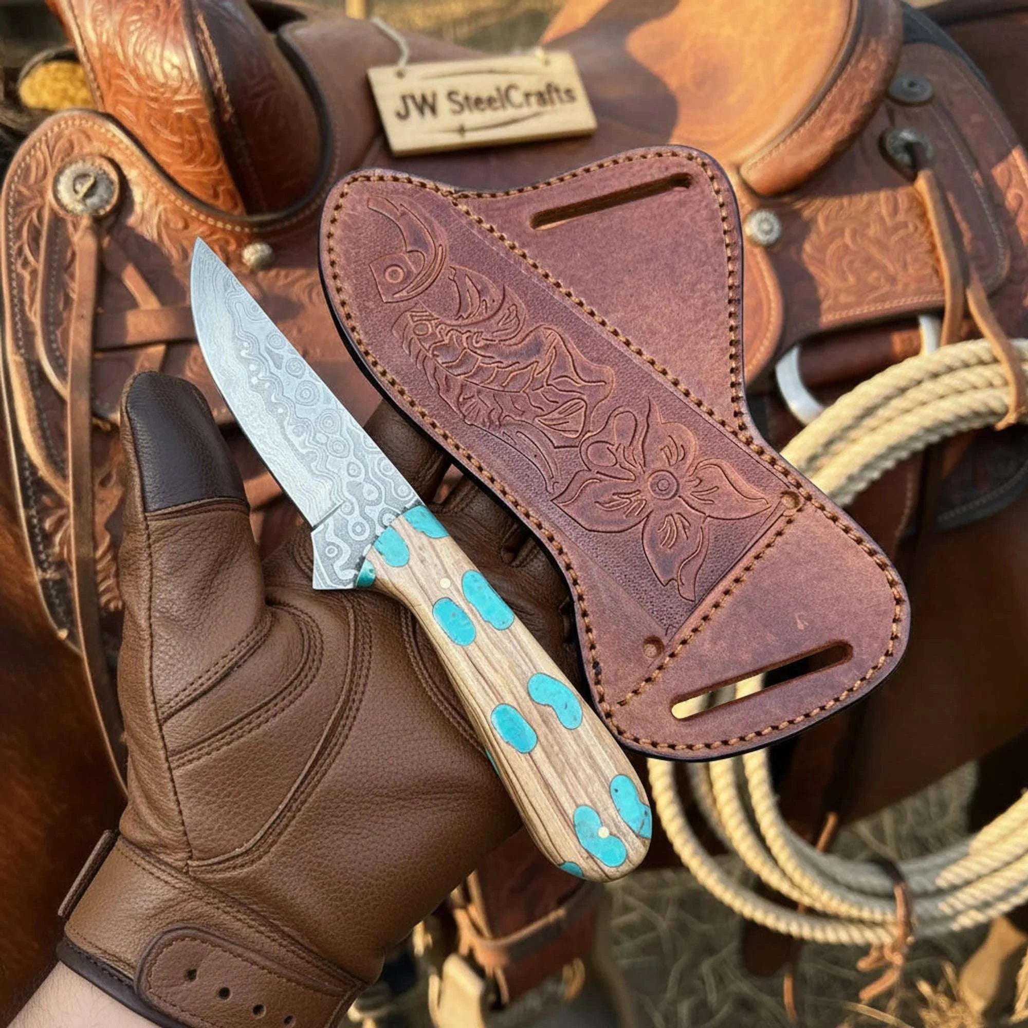 Palmarius Outdoors Turquoise Trail Bowie Knife 10" Handmade Damascus Turquoise Inlay - JW Steelcrafts Bowie Knife