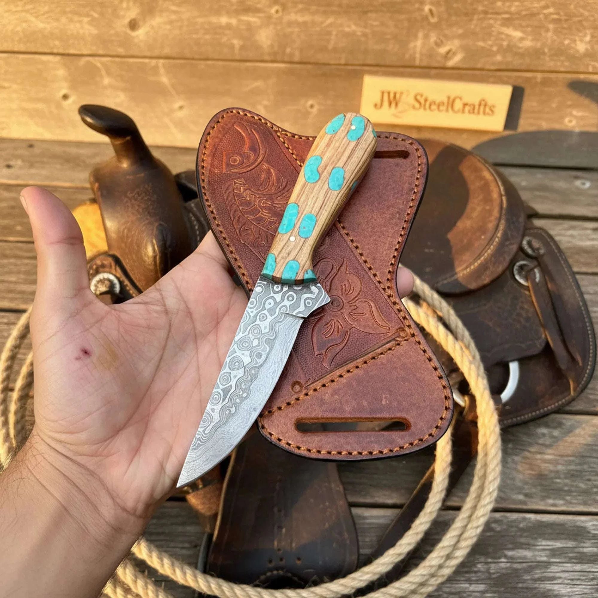 Palmarius Outdoors Turquoise Trail Bowie Knife 10" Handmade Damascus Turquoise Inlay - JW Steelcrafts Bowie Knife