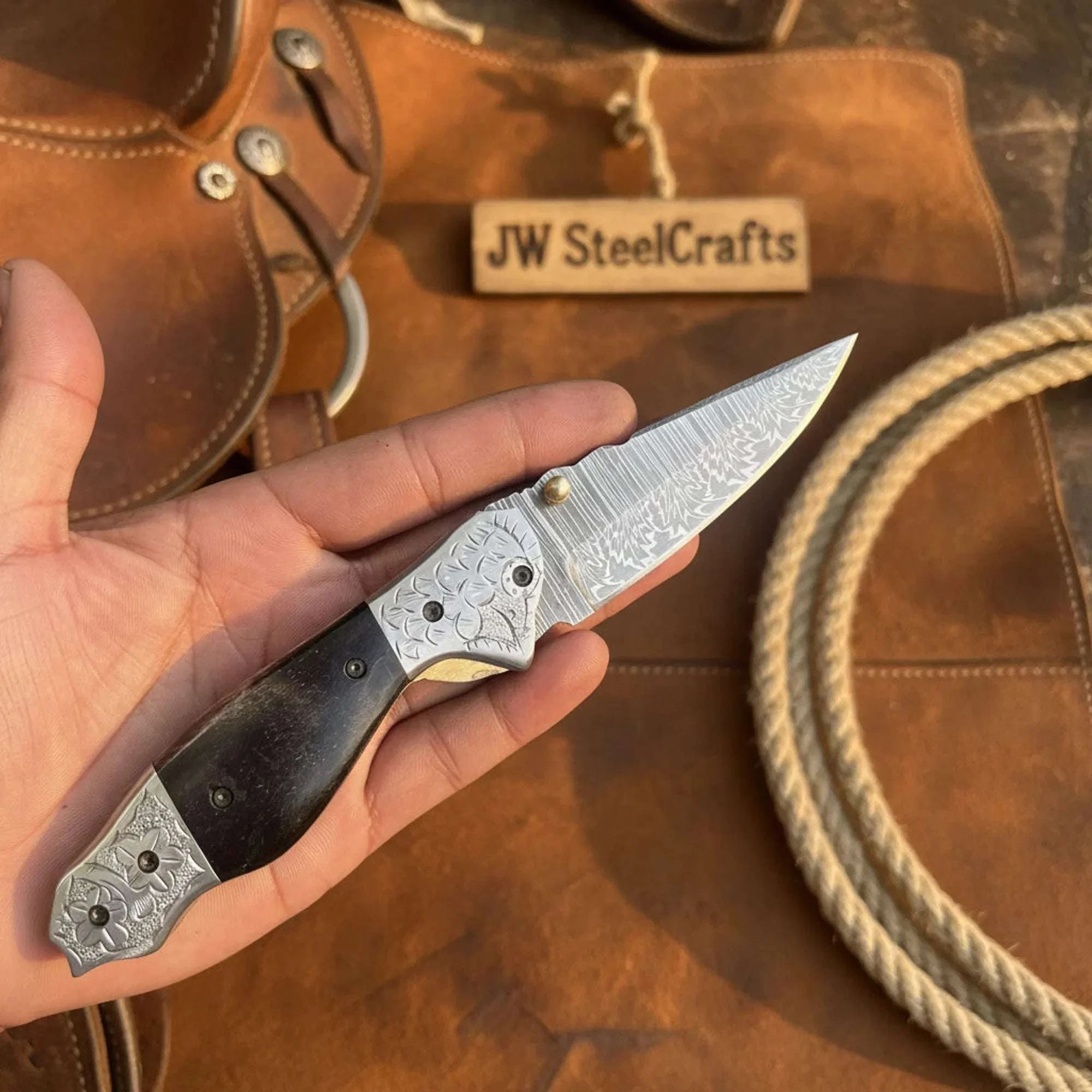 Palmarius Outdoors Blackwaist Damascus Folder Knife 7" Handmade Micarta Handle Liner Lock Folding Knife