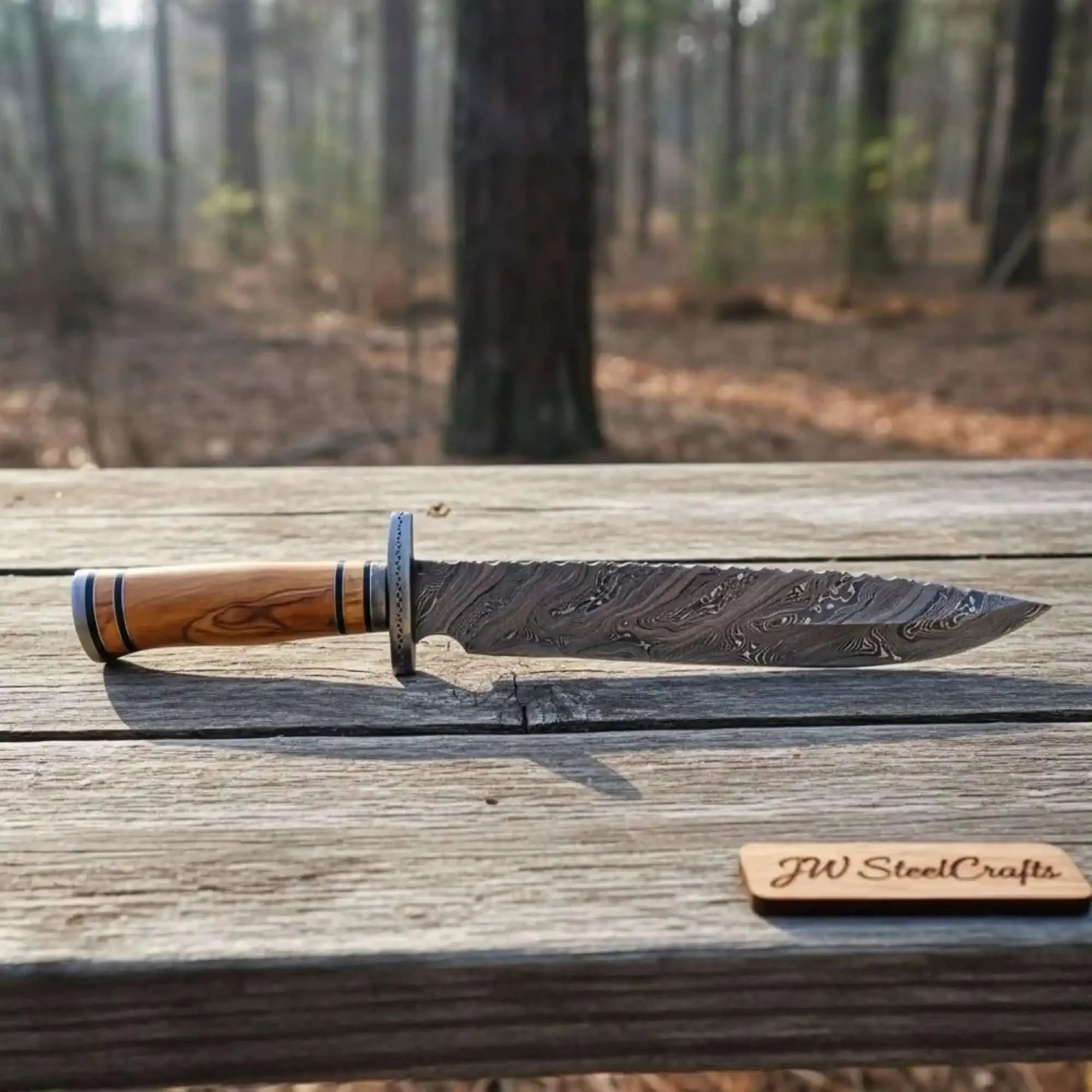 Frontier Damascus Clip Point Bowie Knife with Ash Wood Handle | JW SteelCrafts