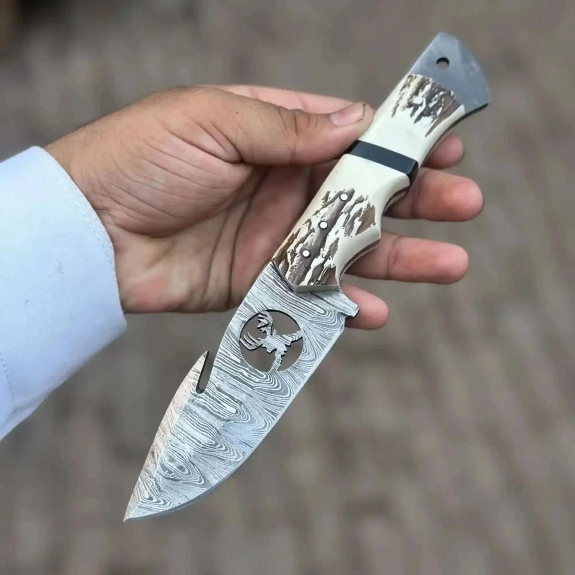 Palmarius Outdoors Damascus Gut Hook Hunting Knife with Deer Cutout Blade and Synthetic Stag Handle hunting knife