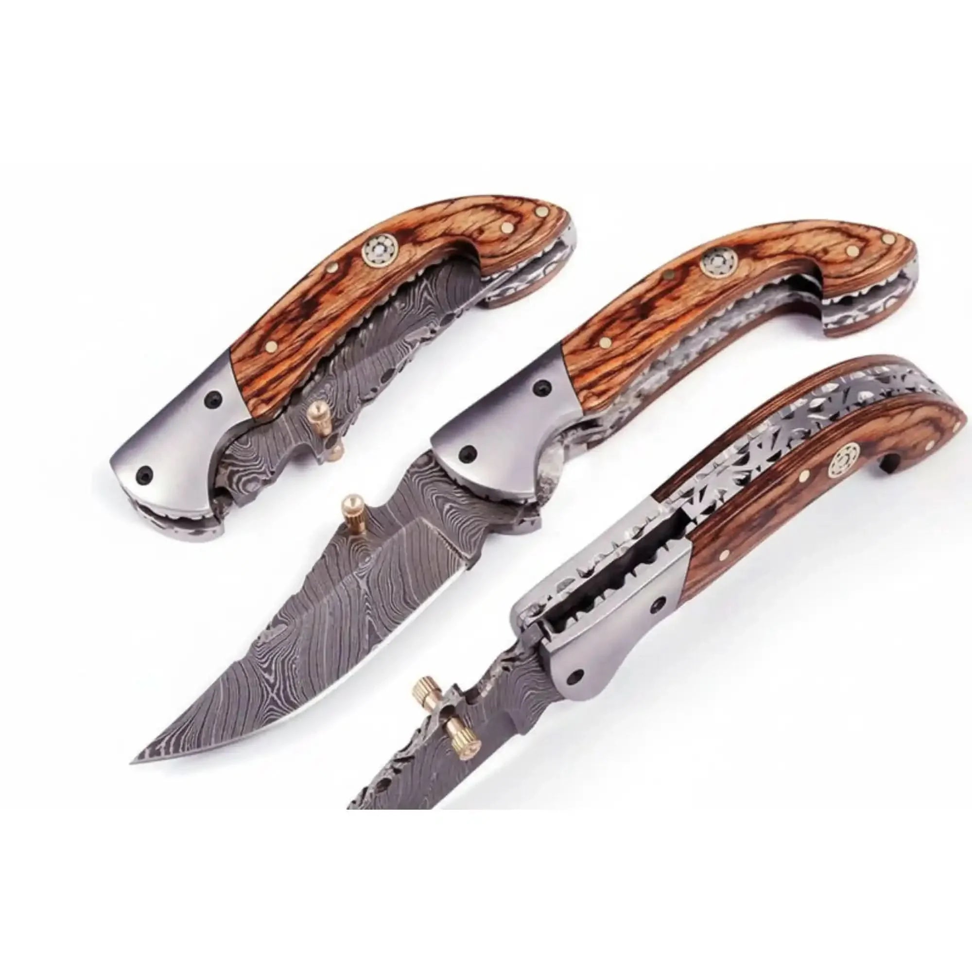 Damascus Pakkawood Ridge Pocket Knife with Rosette Medallion Spine