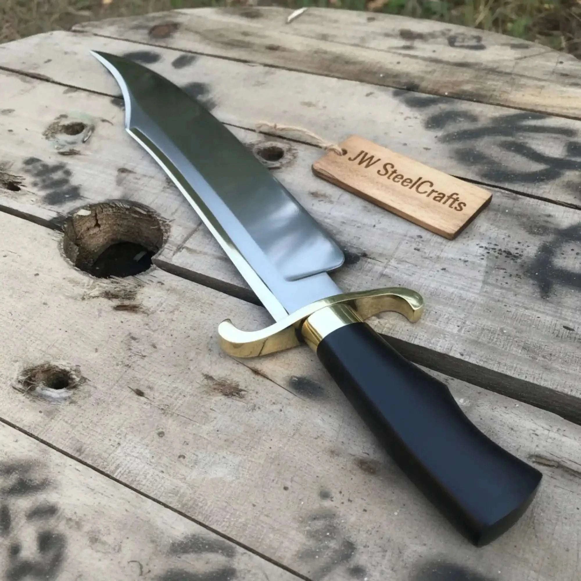 Palmarius Outdoors Carbon Steel 10-Inch Clip Point Bowie Knife — Black Handle, Brass S-Guard & Mirror Polished Blade Bowie Knife