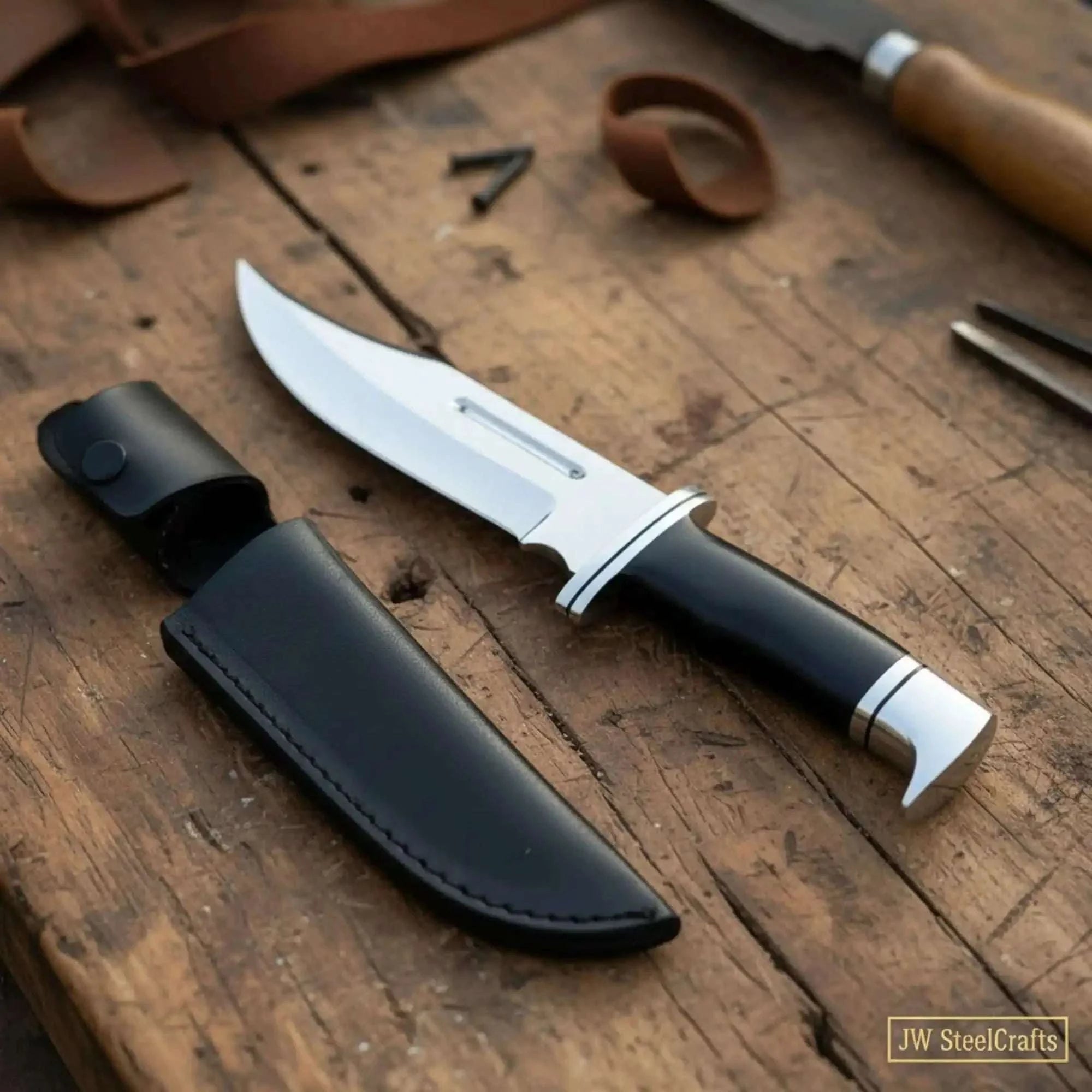 Palmarius Outdoors Carbon Steel Clip Point Bowie Knife — Black Resin Handle, Steel Guard, Steel Pommel & Mirror Polished Blade Bowie Knife