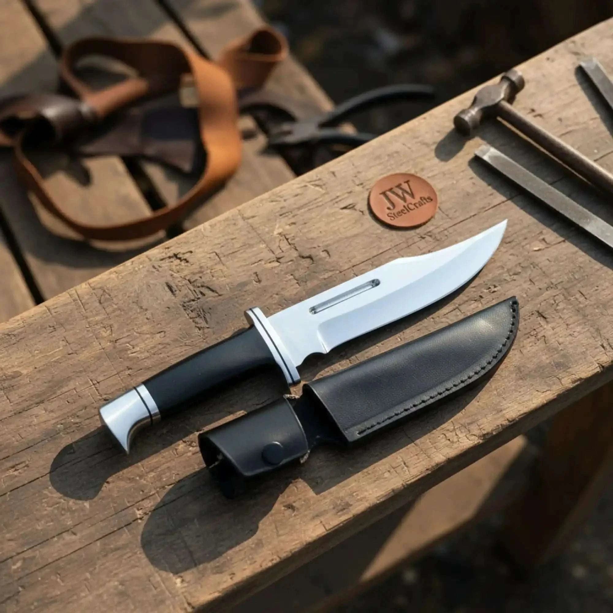 Palmarius Outdoors Carbon Steel Clip Point Bowie Knife — Black Resin Handle, Steel Guard, Steel Pommel & Mirror Polished Blade Bowie Knife